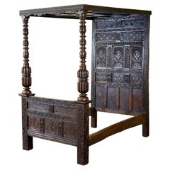 18TH CENTURY KING GEORGE I CiRCA 1700 ORNATELY CARVED JACOBEAN OAK TESTER BED