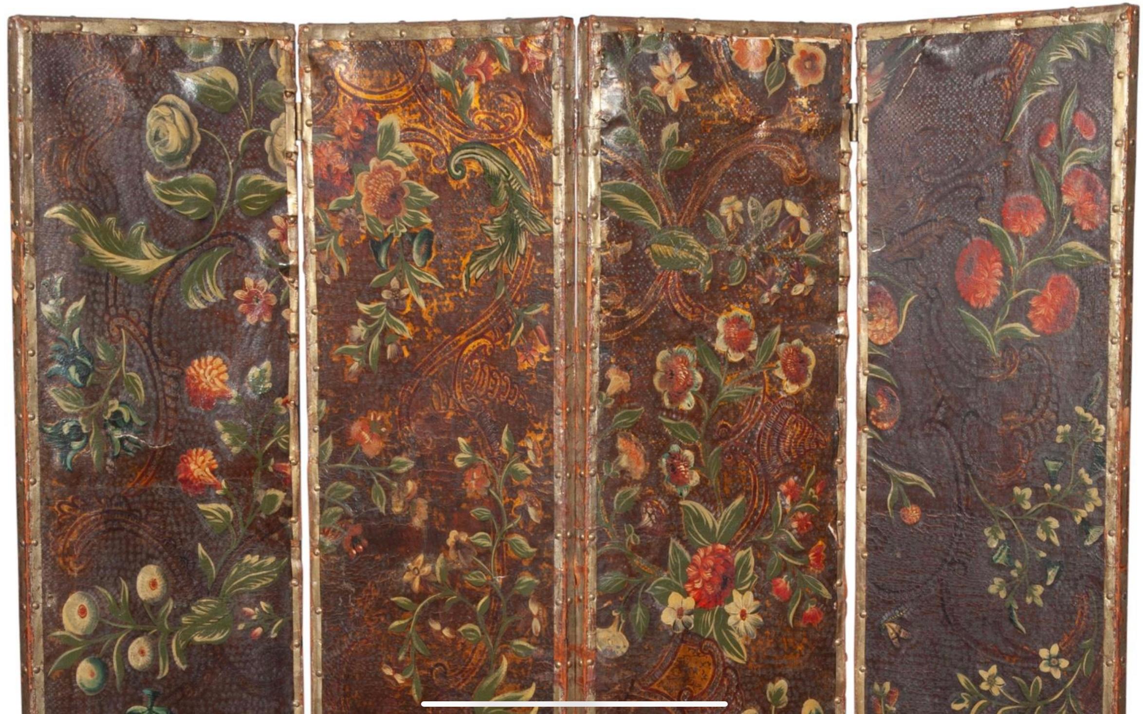 Dutch 18th Century l Painted and Tooled Leather Four-Panel Screen  For Sale