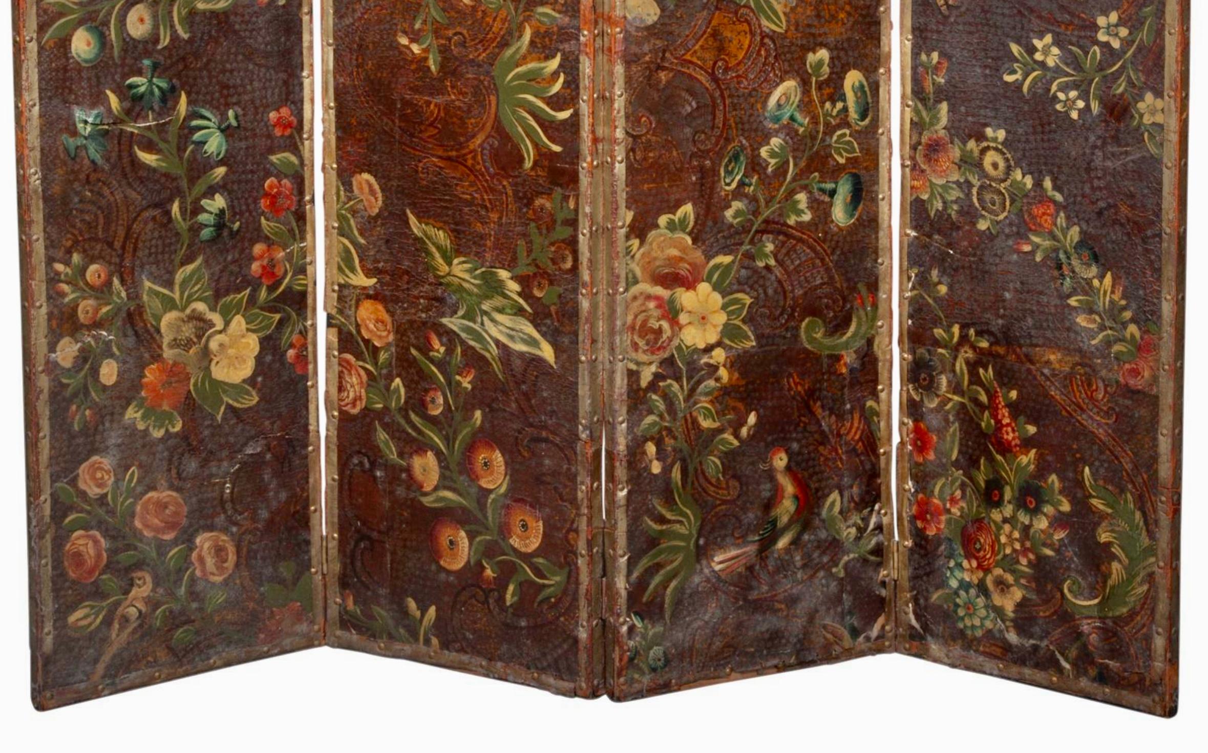 18th Century l Painted and Tooled Leather Four-Panel Screen  In Good Condition For Sale In Bradenton, FL