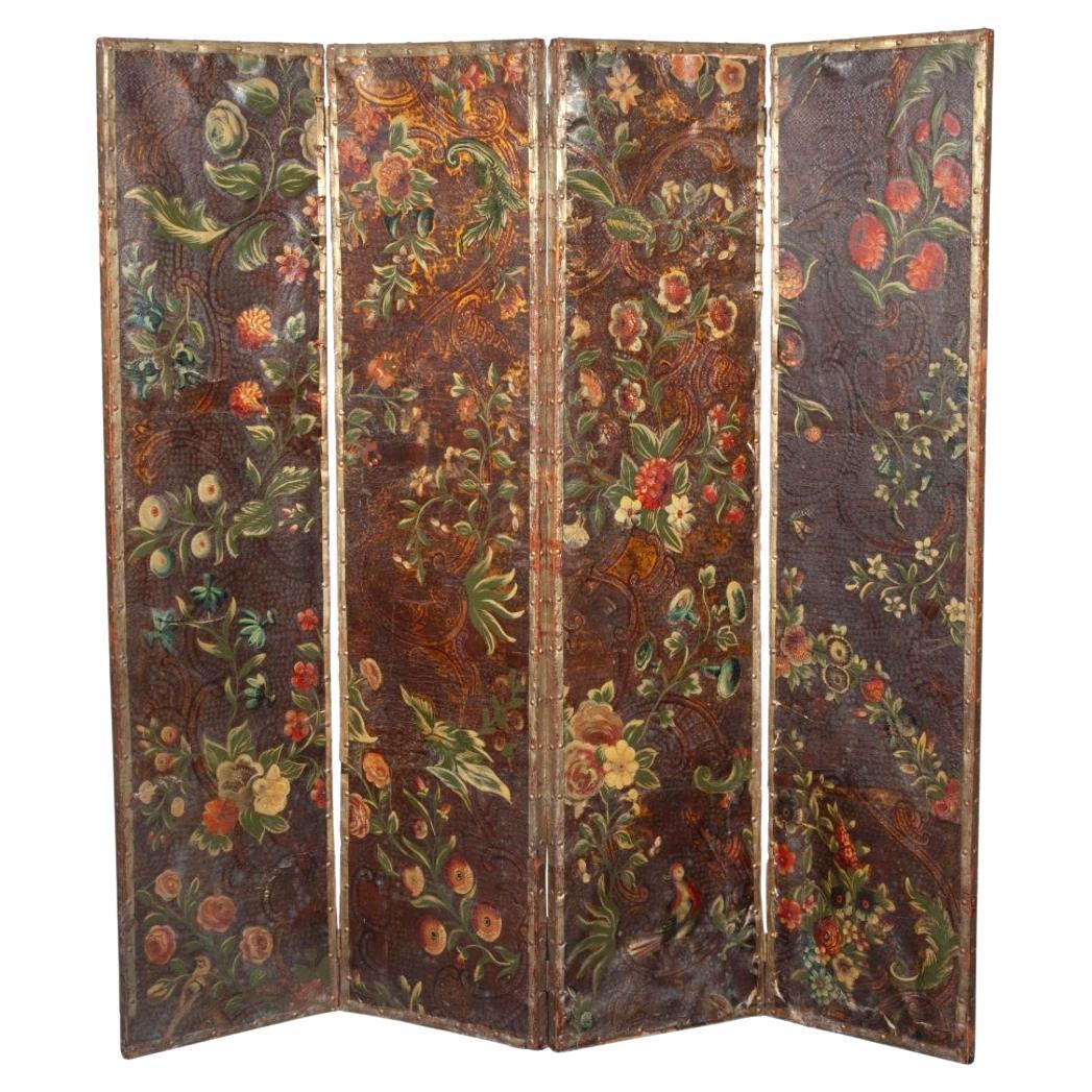 18th Century l Painted and Tooled Leather Four-Panel Screen  For Sale 1