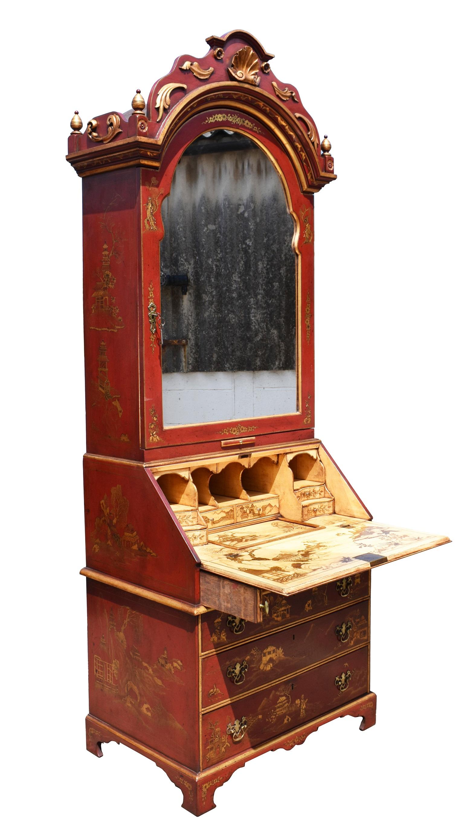 For sale is a good quality 18th century chinoiserie Secretary bookcase. The top of the bookcase has an ornately shaped and carved pediment, above a single arched mirror door, opening to reveal a fully fitted interior which is also profusely