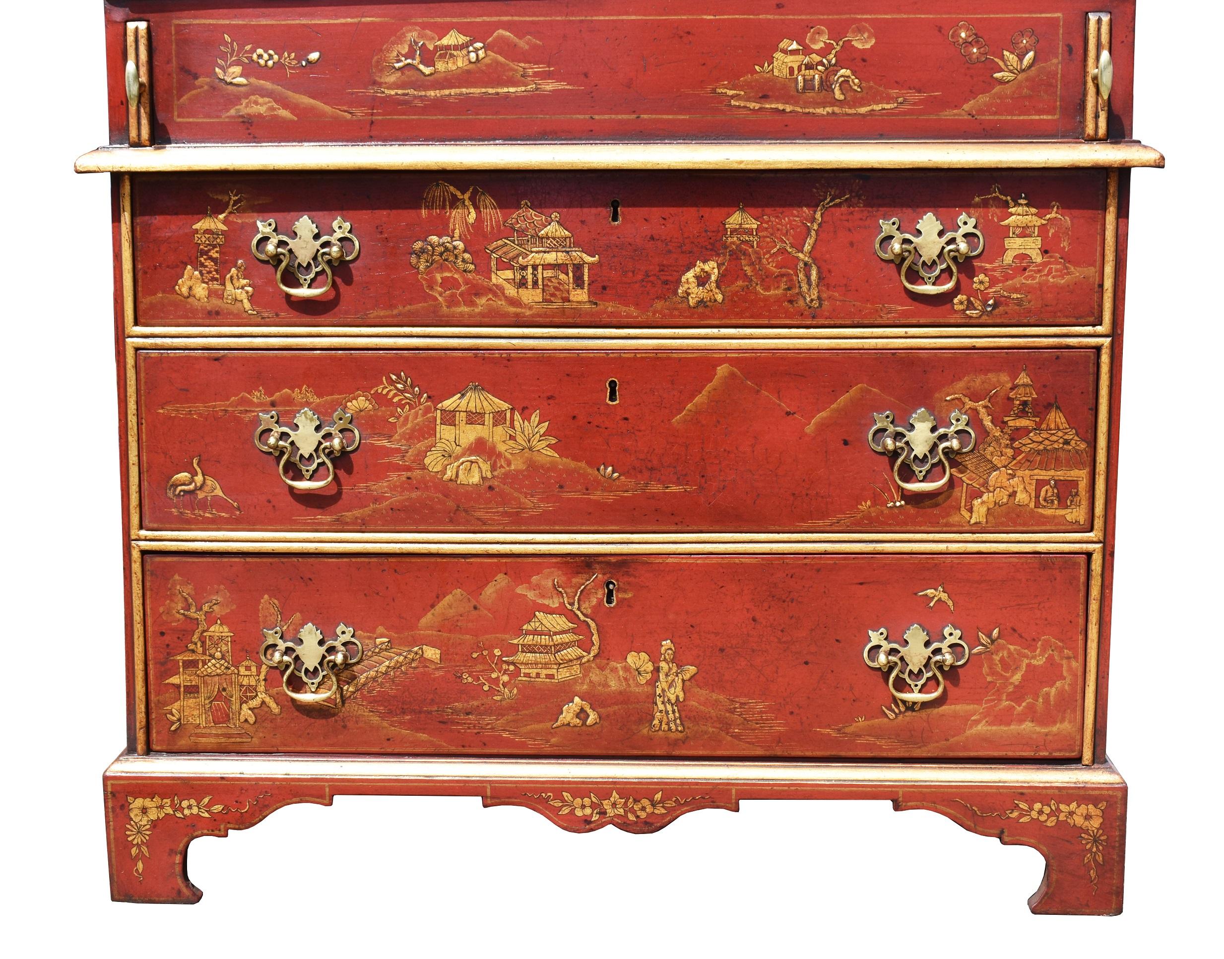 Oak 18th Century Lacquer and Gilt Chinoiserie Bureau Bookcase For Sale