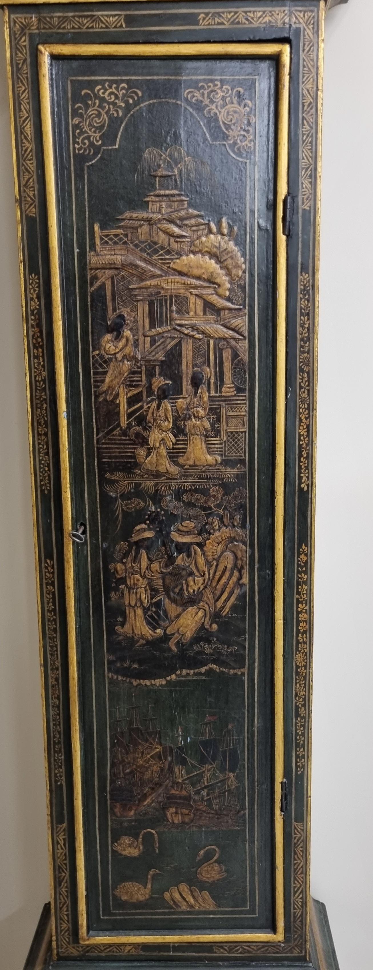 British 18th Century Lacquered Japanned Longcase Clock from London For Sale