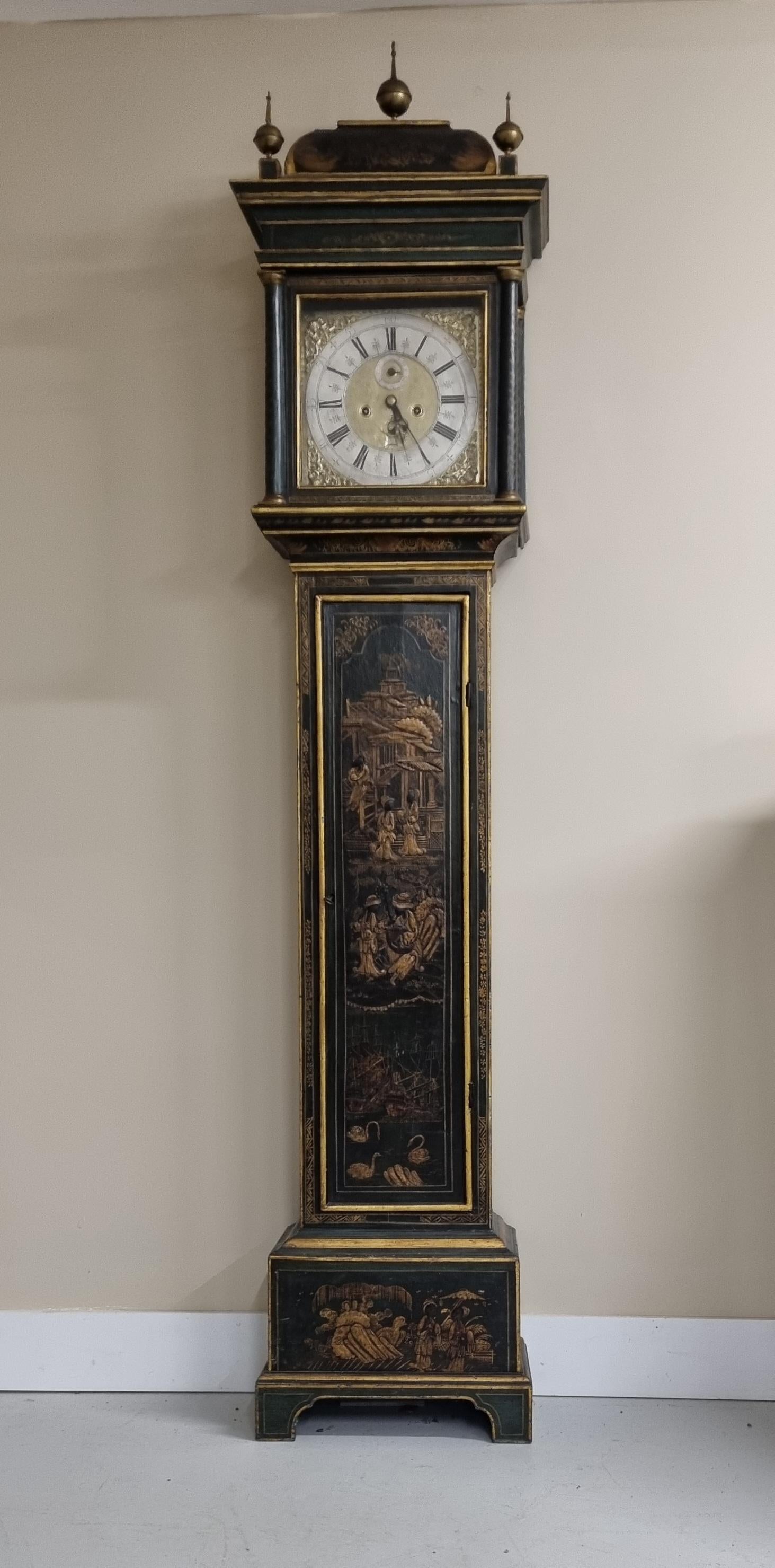 Oak 18th Century Lacquered Japanned Longcase Clock from London For Sale