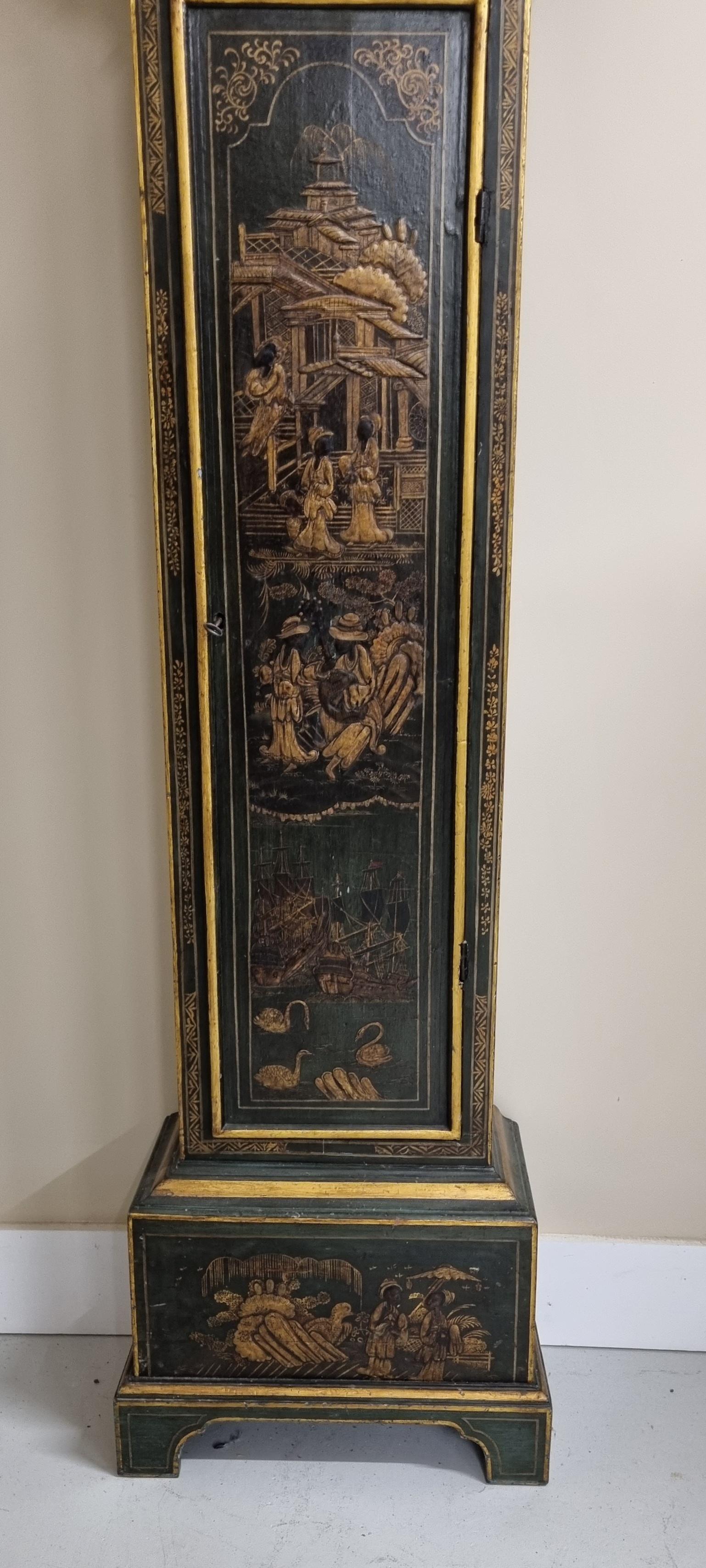 18th Century Lacquered Japanned Longcase Clock from London For Sale 3