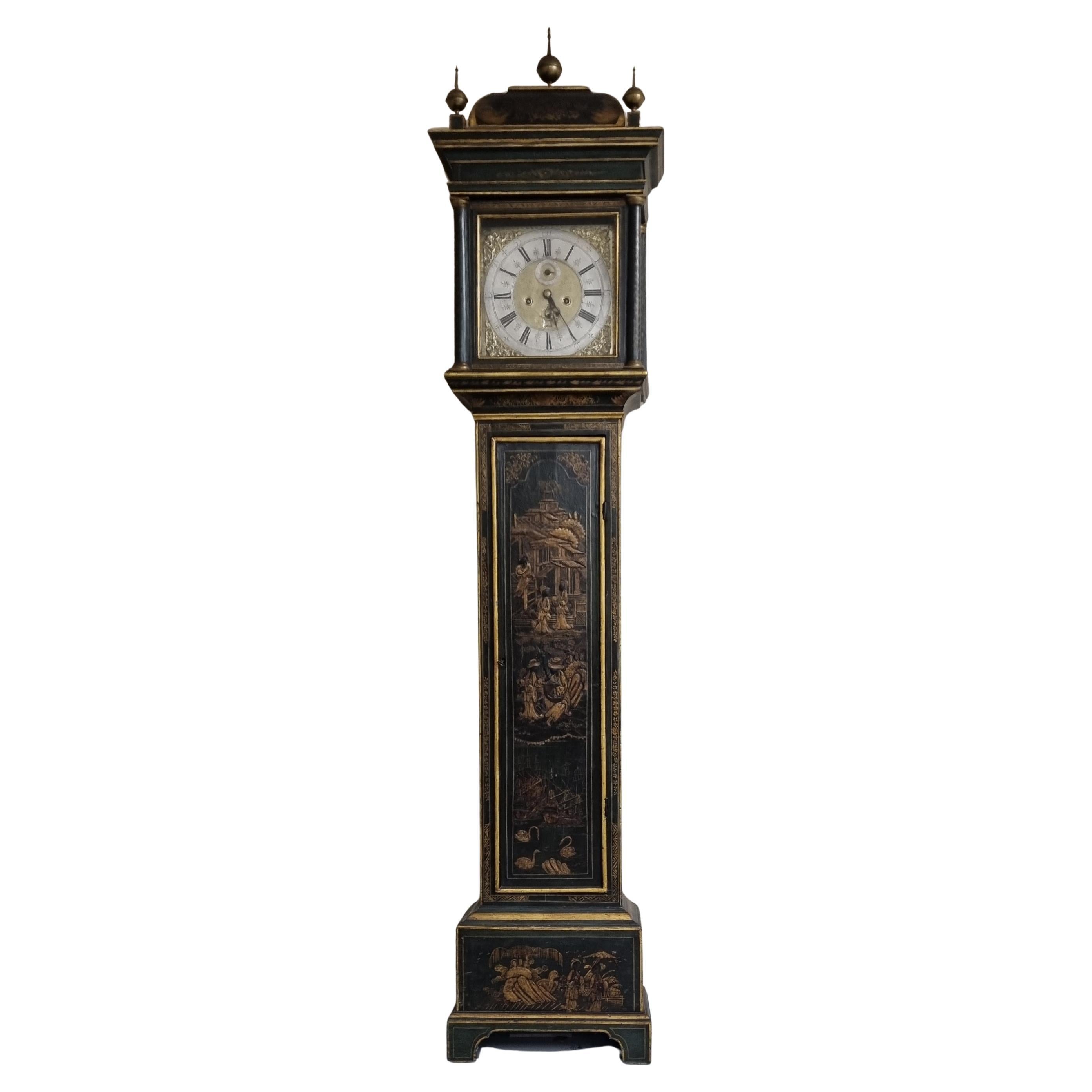 18th Century Lacquered Japanned Longcase Clock from London For Sale