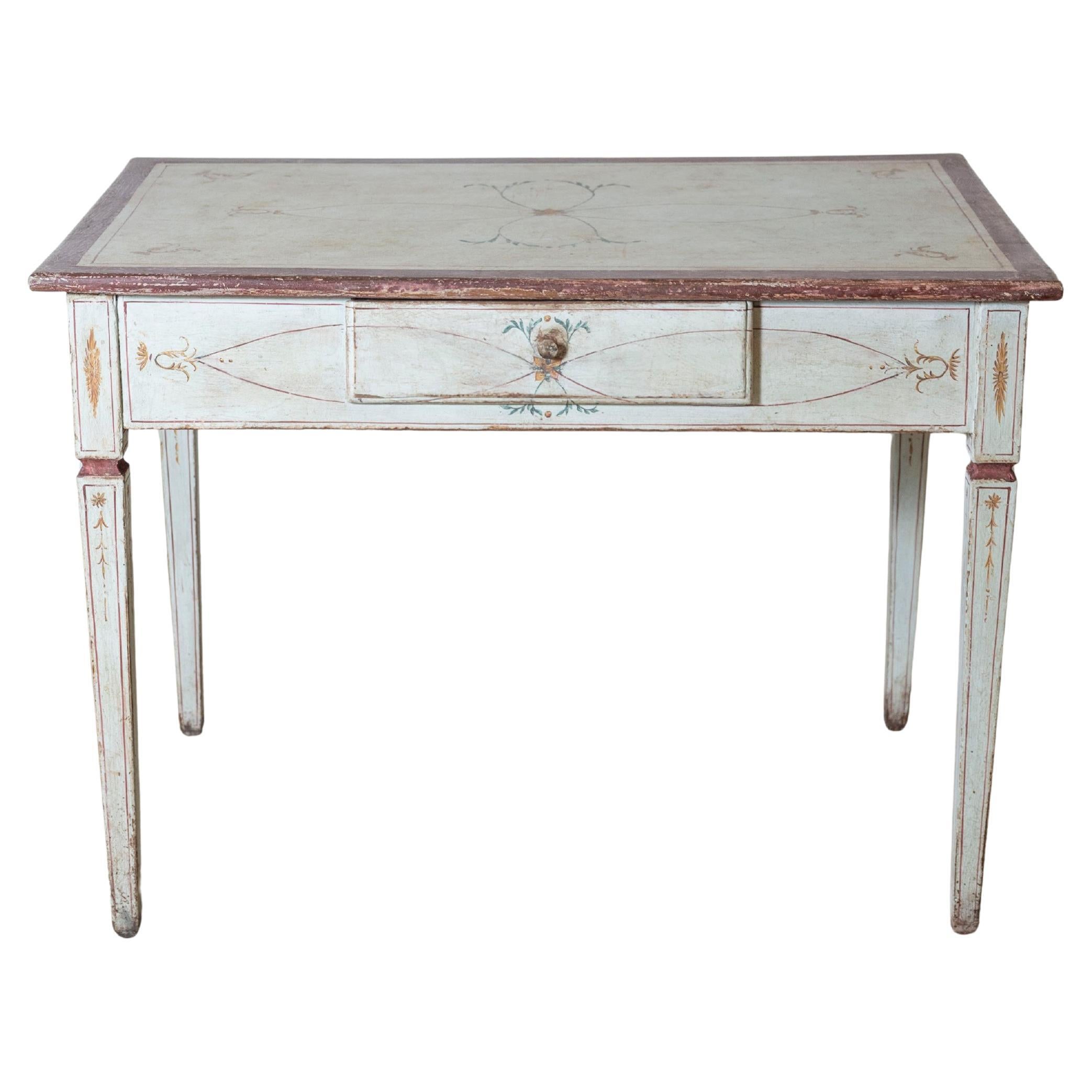 Table de bureau toscanne laquée du 18ème siècle avec décoration peinte à la main