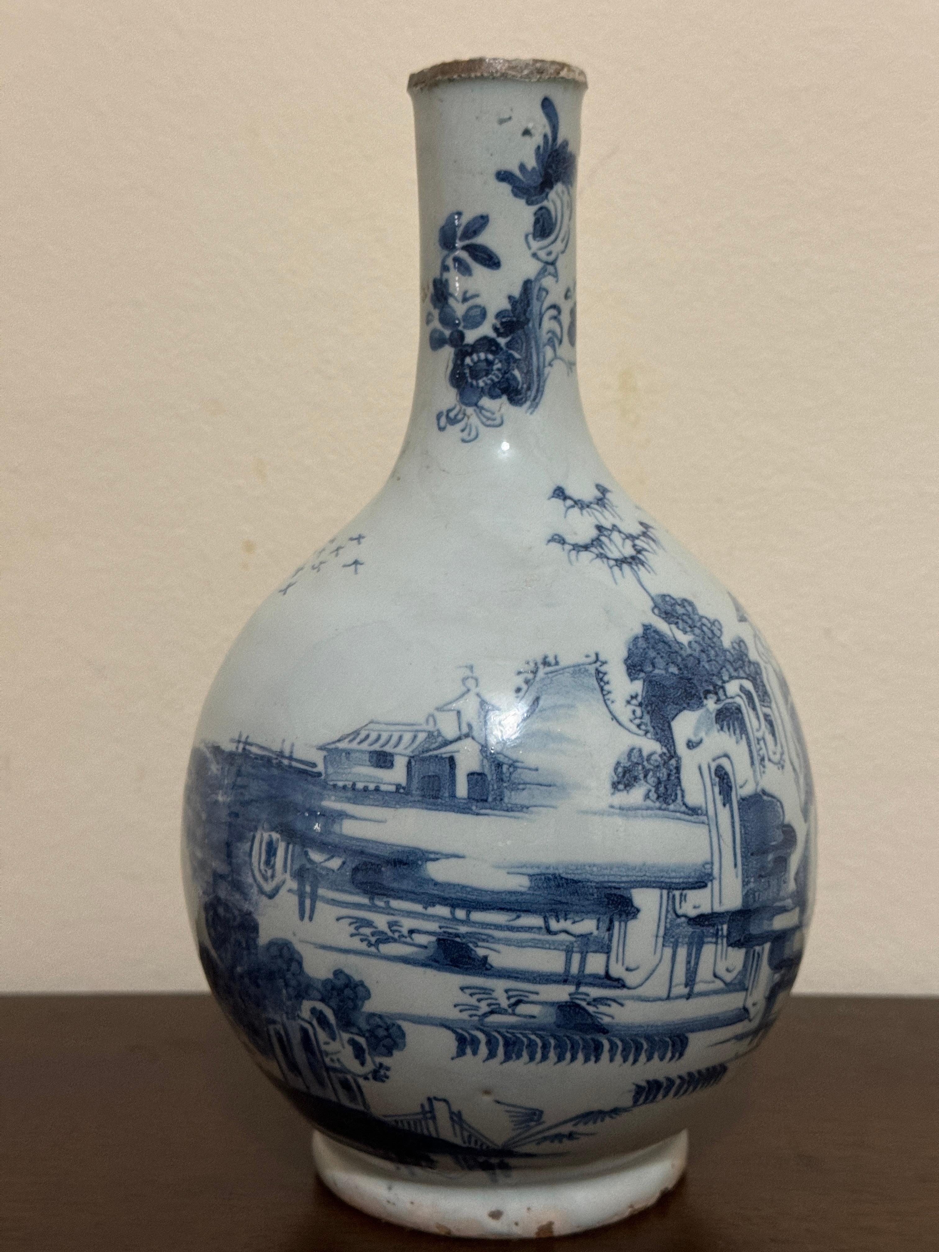 Hand-Crafted 18th Century Lambeth Pottery Delftware Bottle For Sale