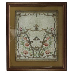 18th Century Lampas Silk Floral Embroidery Free Mason Almighty Eye Framed France