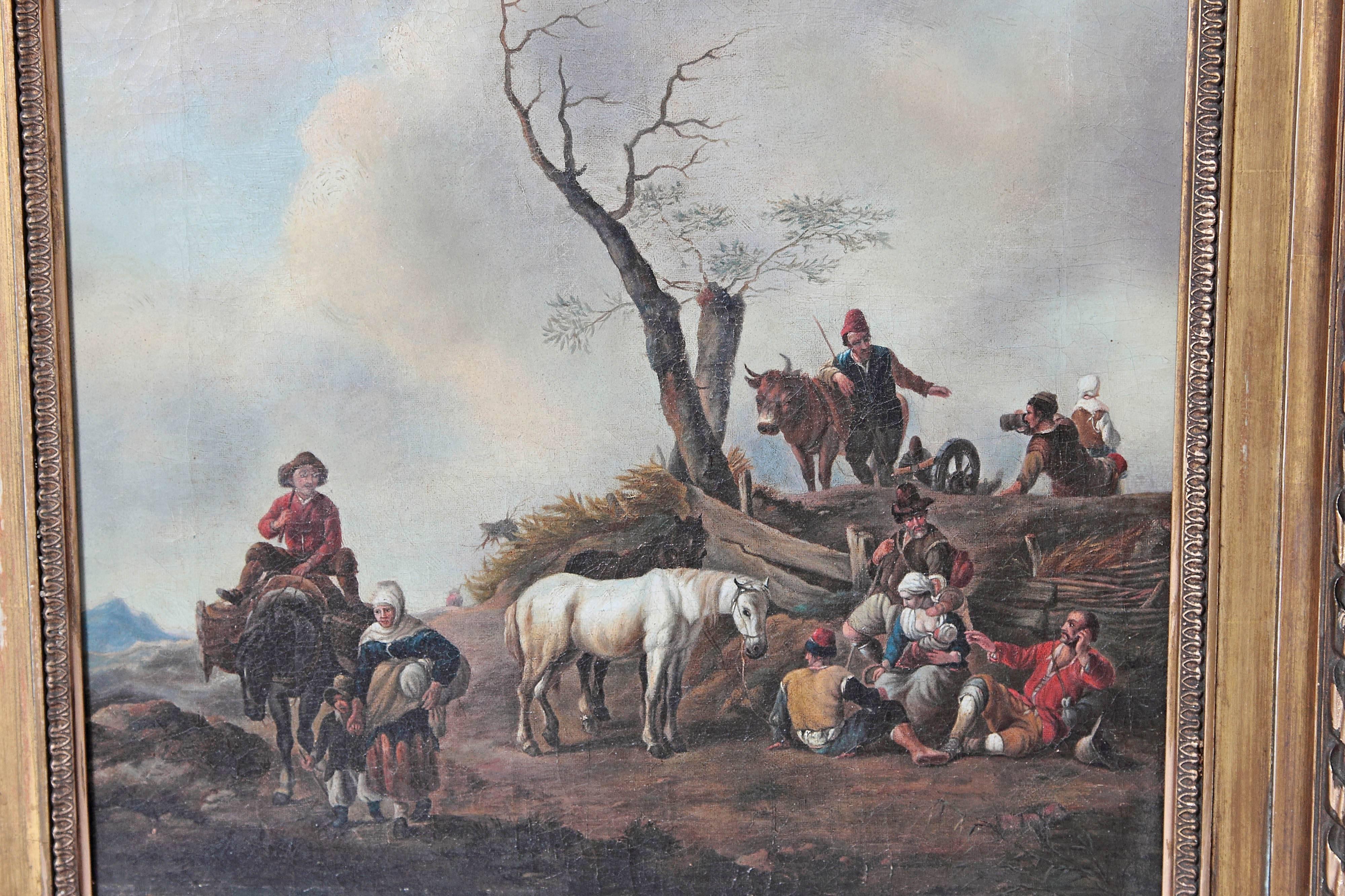 An oil on canvas scene of people and animals in a landscape with a dead tree. Realistically portrayed and well executed. In the style of Philips Wouwerman, 18th century 