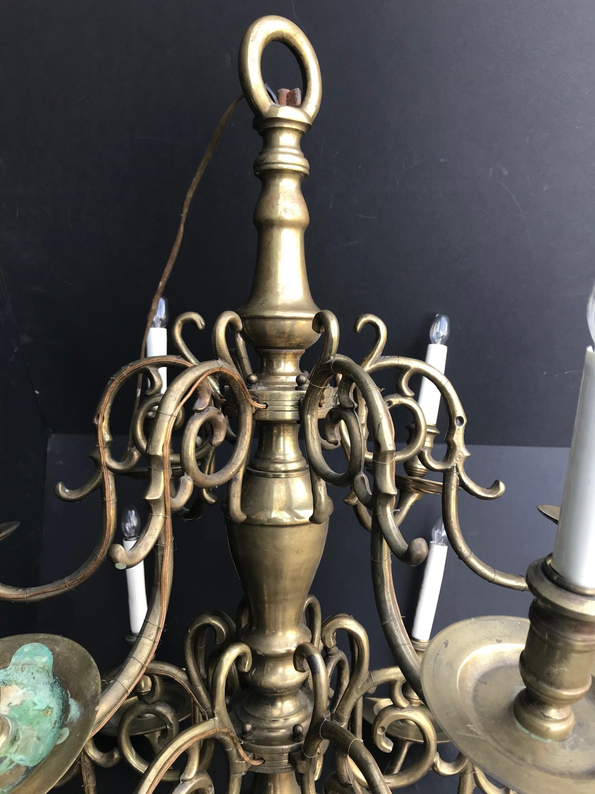18th Century and Earlier 18th Century Large Baroque Brass Chandelier, Dutch, 2-Tiered, 12-Light