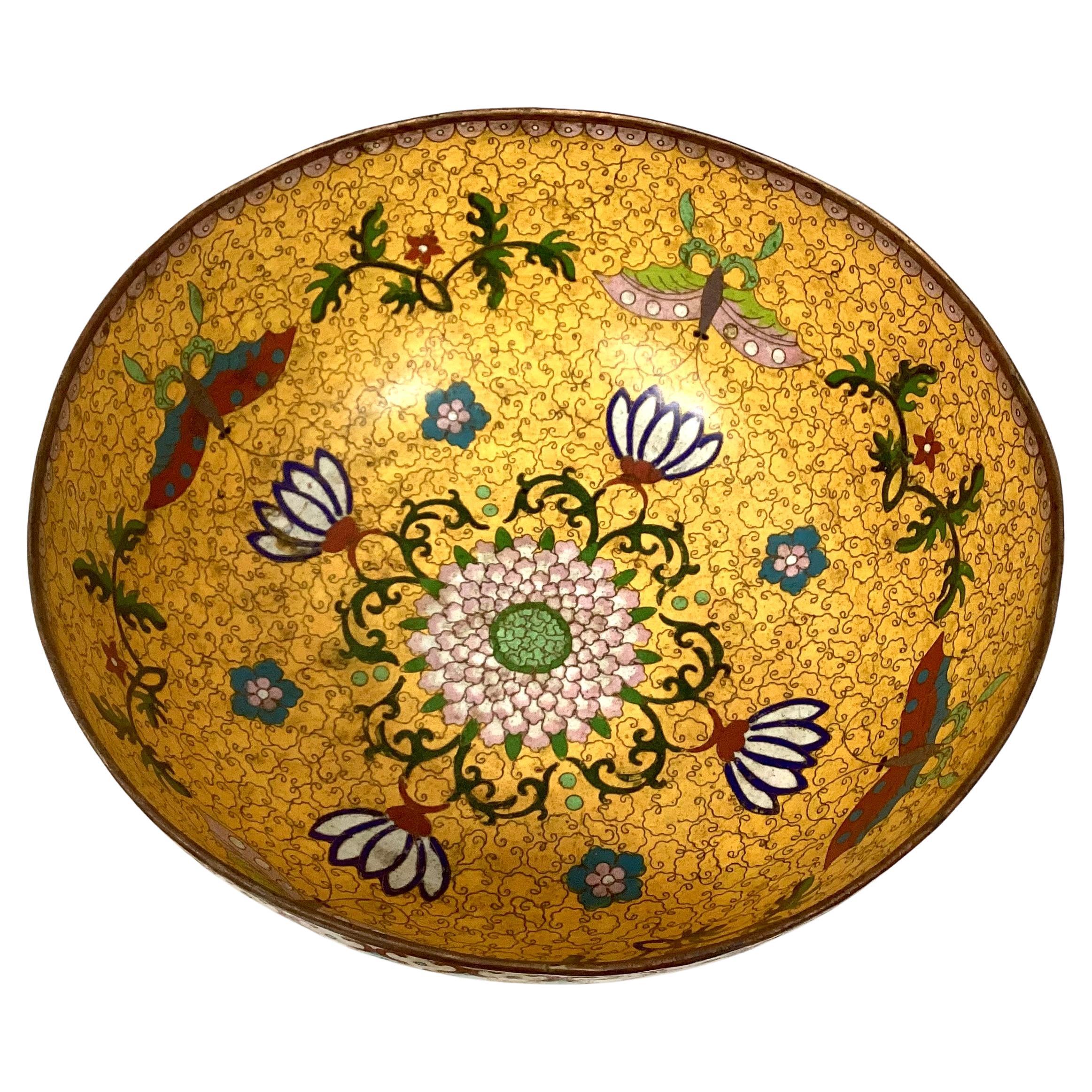Chinese Export 18th Century Large Chinese Yellow Bronze Cloisonnè Hand Painted Bowl For Sale