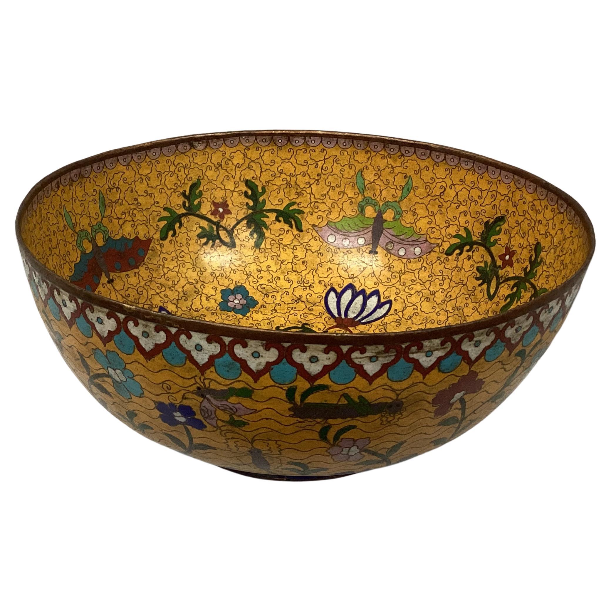 Hand-Painted 18th Century Large Chinese Yellow Bronze Cloisonnè Hand Painted Bowl For Sale