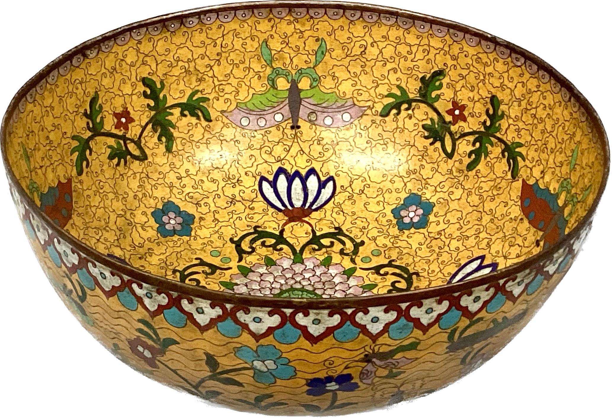 18th Century Large Chinese Yellow Bronze Cloisonnè Hand Painted Bowl In Good Condition For Sale In Bradenton, FL