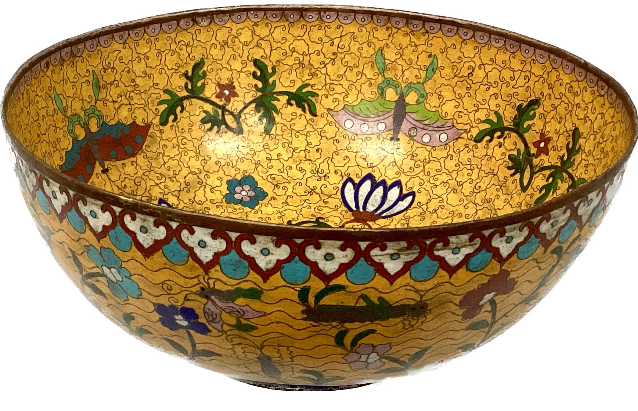 18th Century and Earlier 18th Century Large Chinese Yellow Bronze Cloisonnè Hand Painted Bowl For Sale