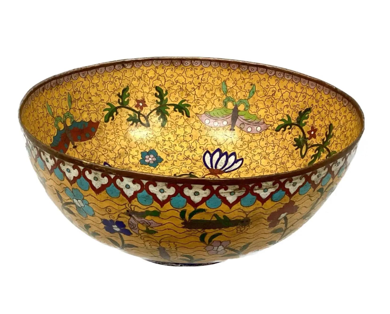 18th Century Large Chinese Yellow Bronze Cloisonnè Hand Painted Bowl For Sale 2