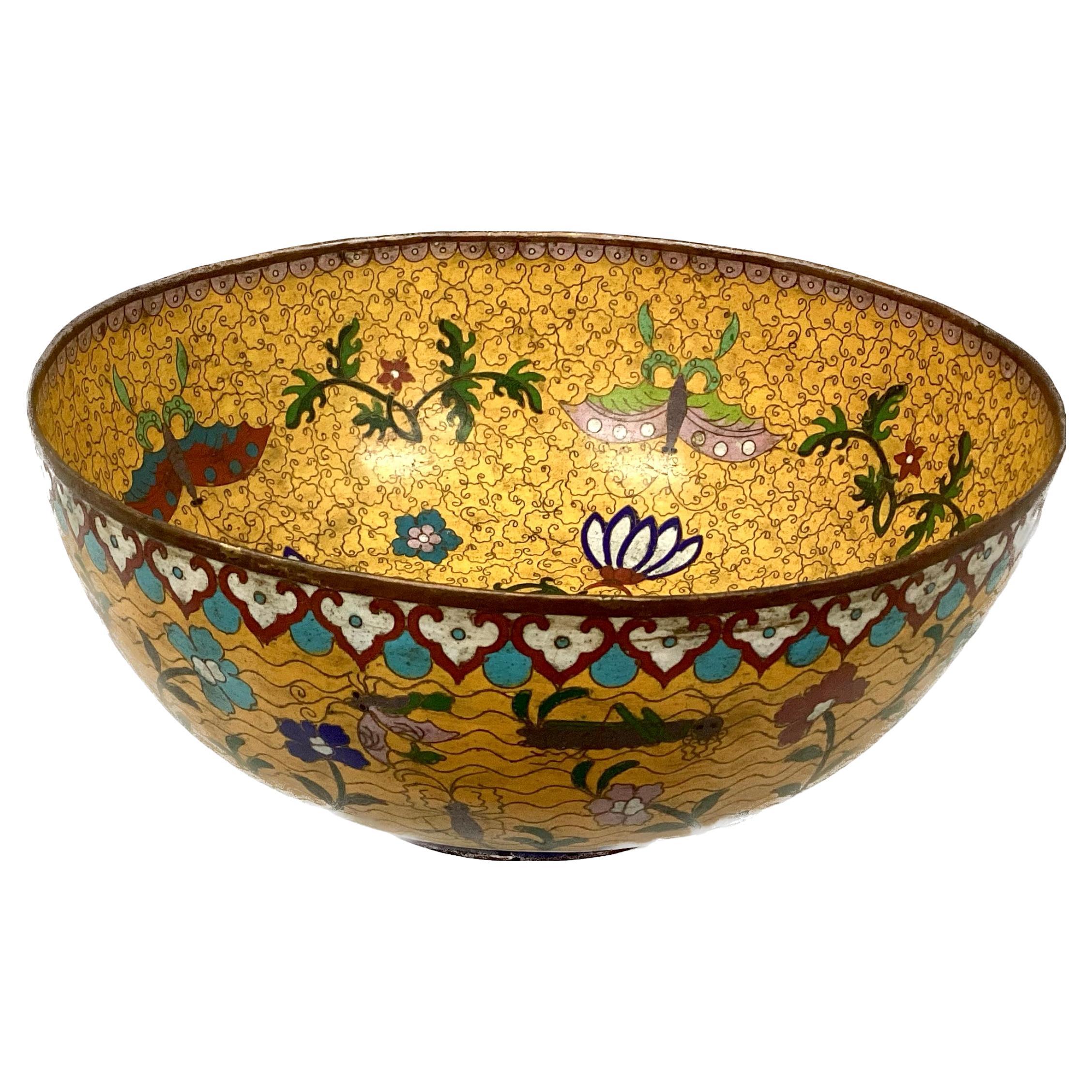 18th Century Large Chinese Yellow Bronze Cloisonnè Hand Painted Bowl For Sale
