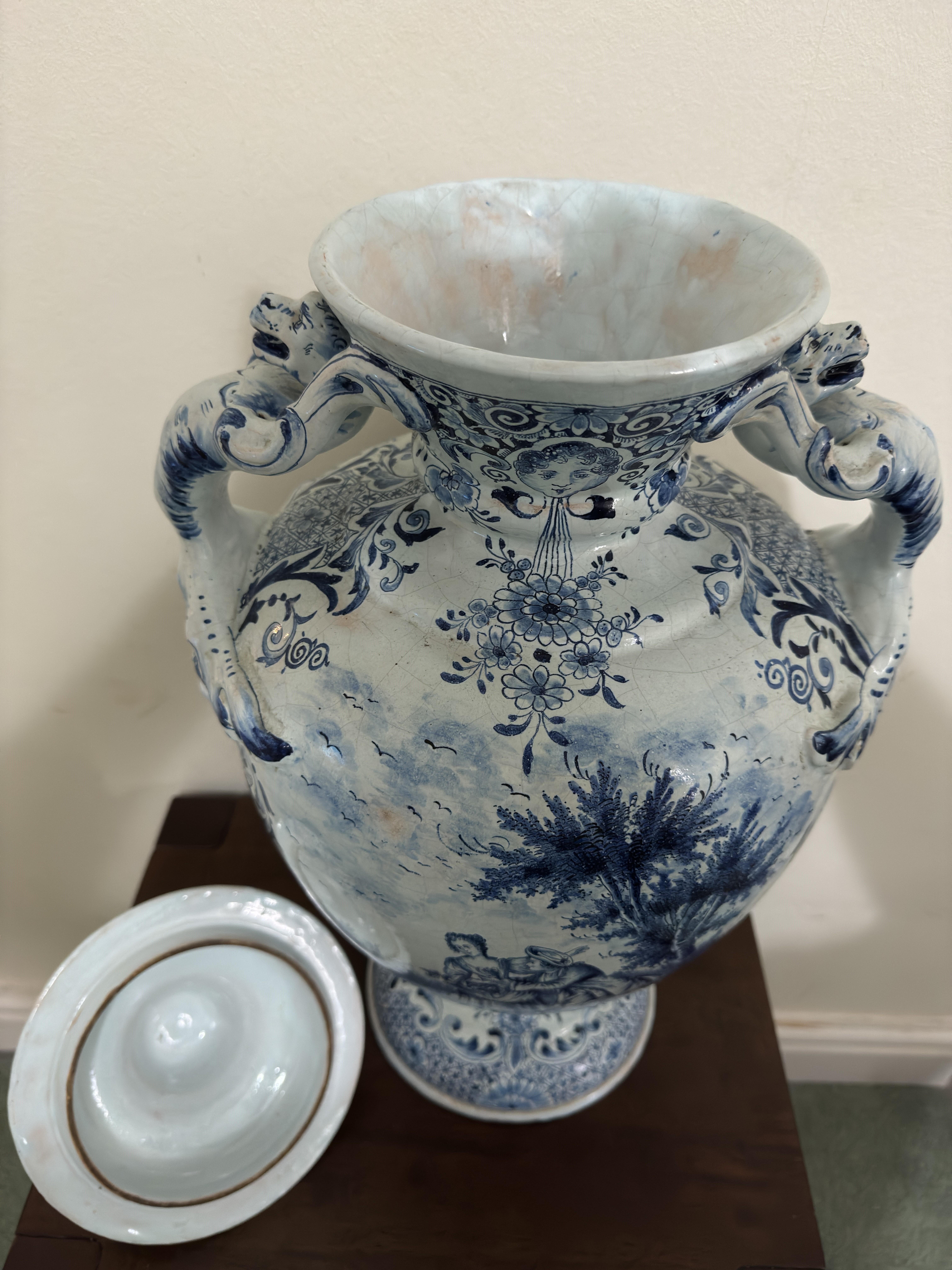 18th Century Large Delft Urn / Vase with Handles For Sale 3