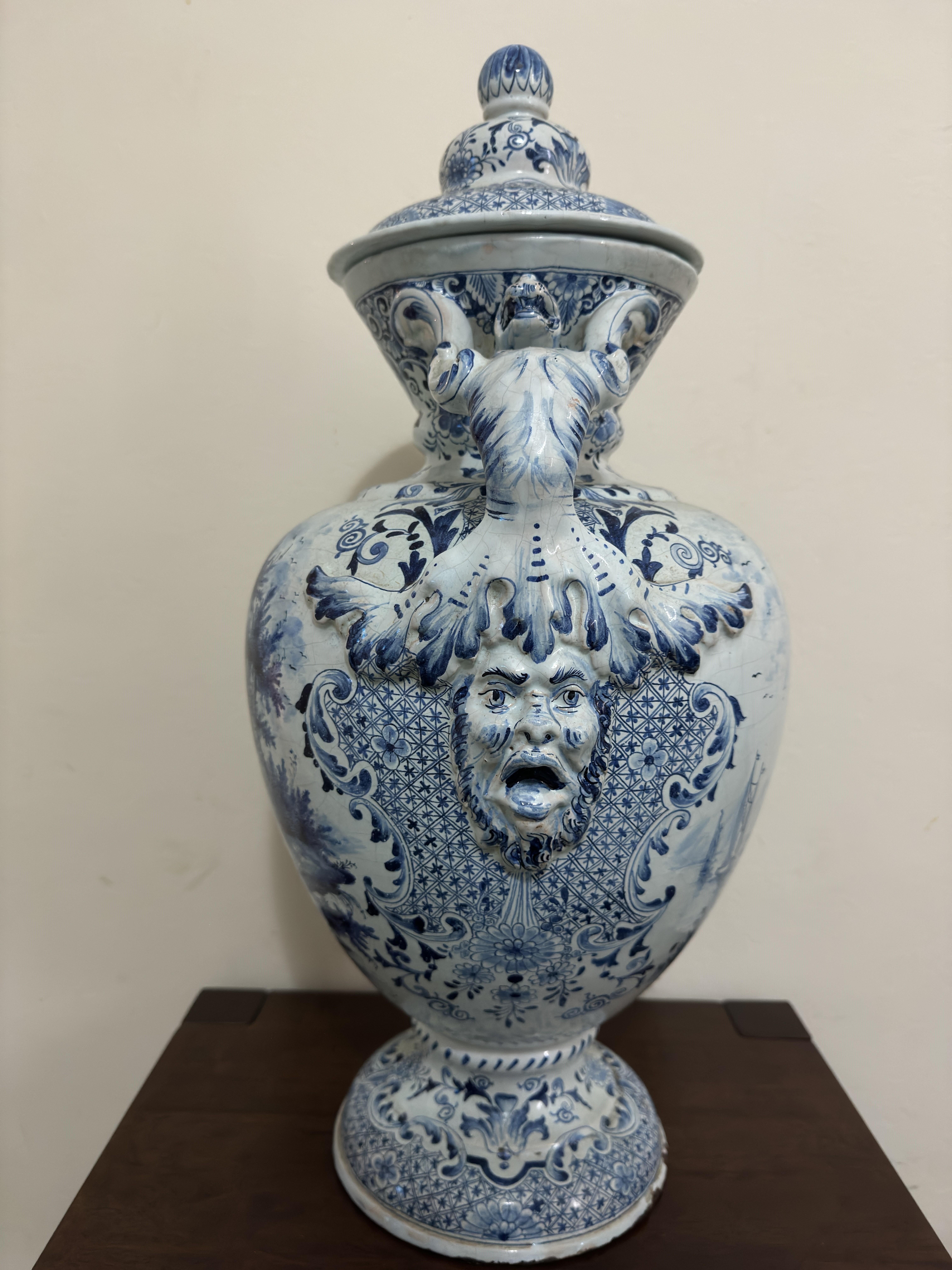 Dutch Colonial 18th Century Large Delft Urn / Vase with Handles For Sale