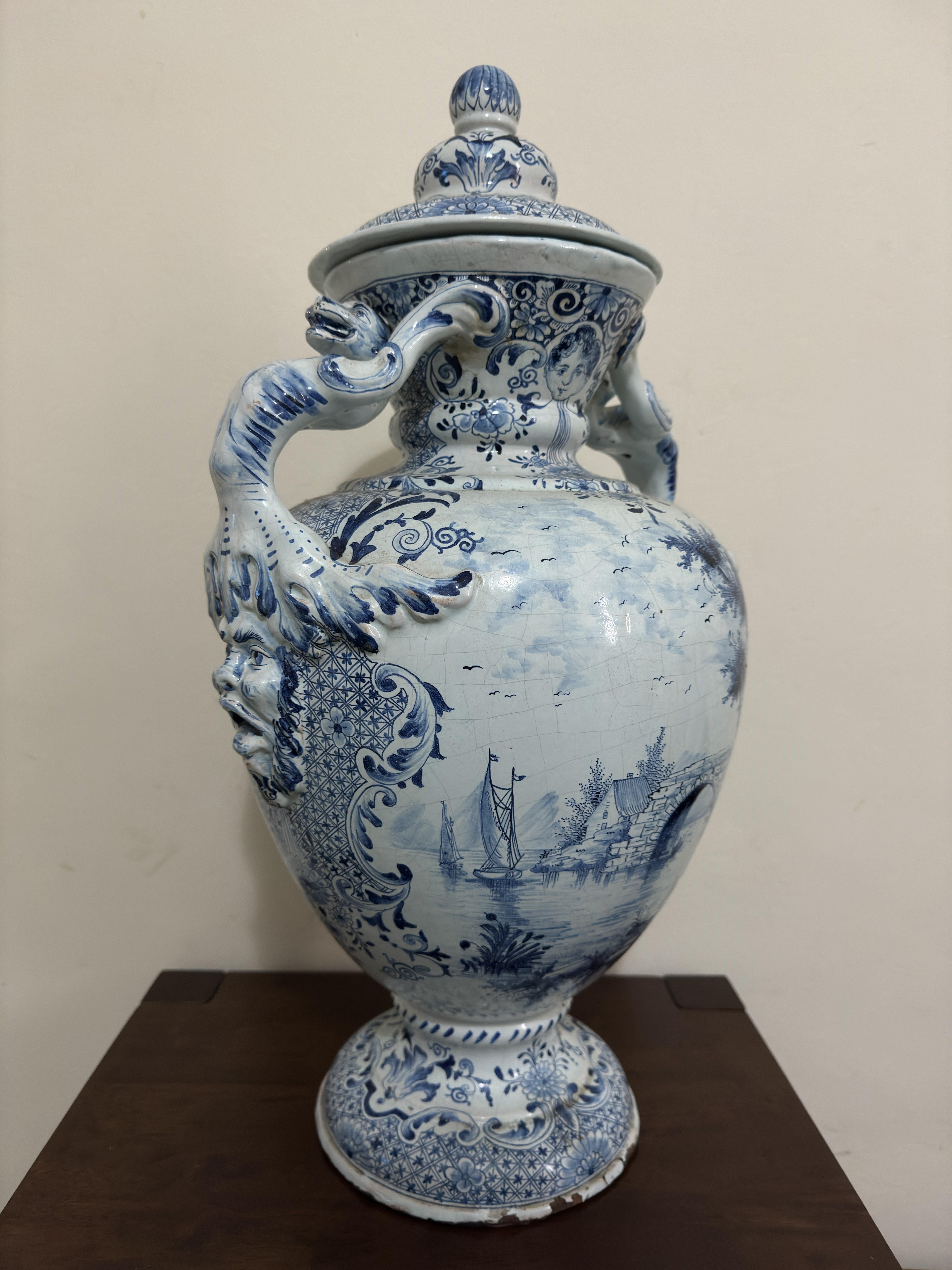 Dutch 18th Century Large Delft Urn / Vase with Handles For Sale