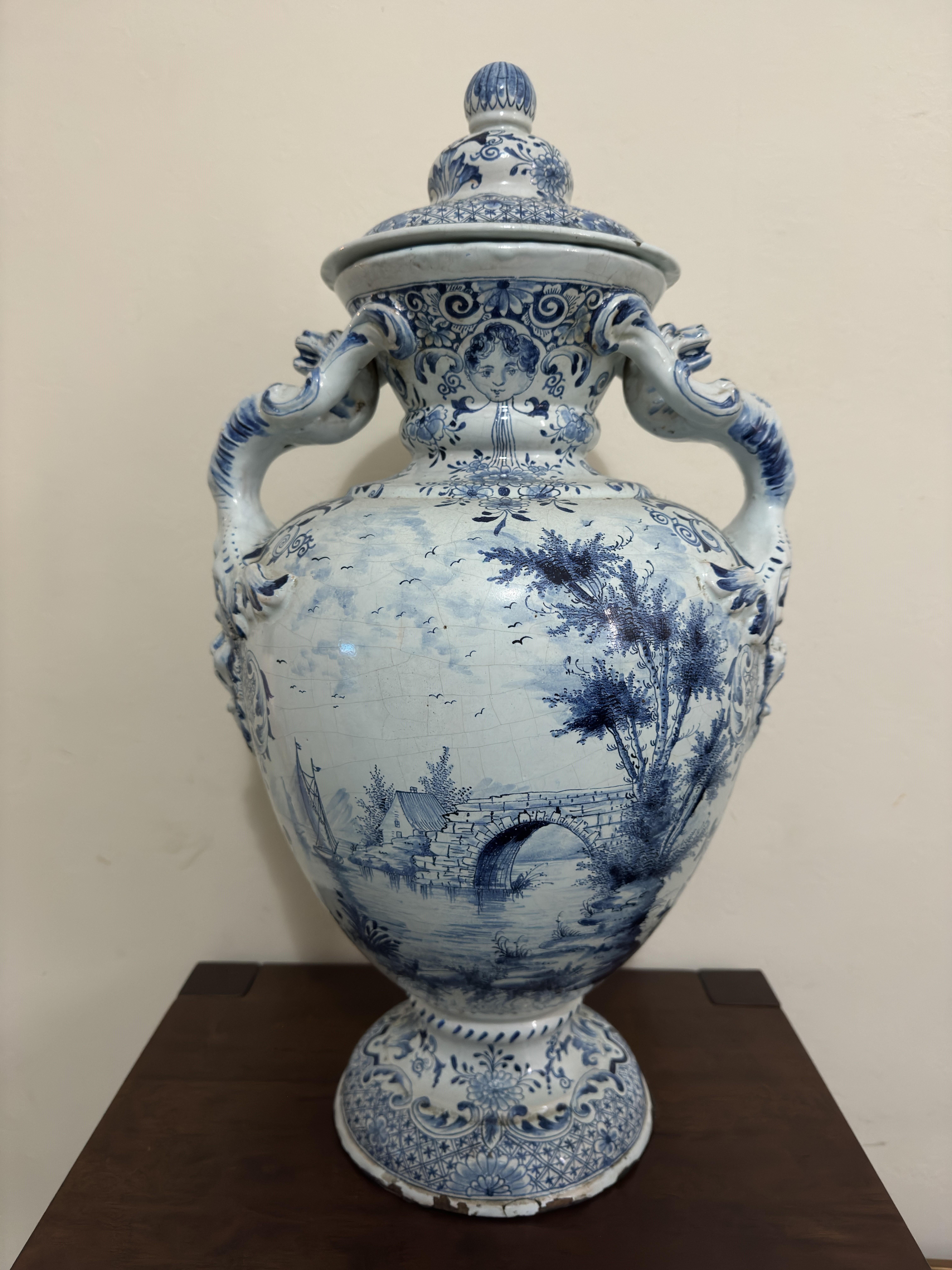 Glazed 18th Century Large Delft Urn / Vase with Handles For Sale