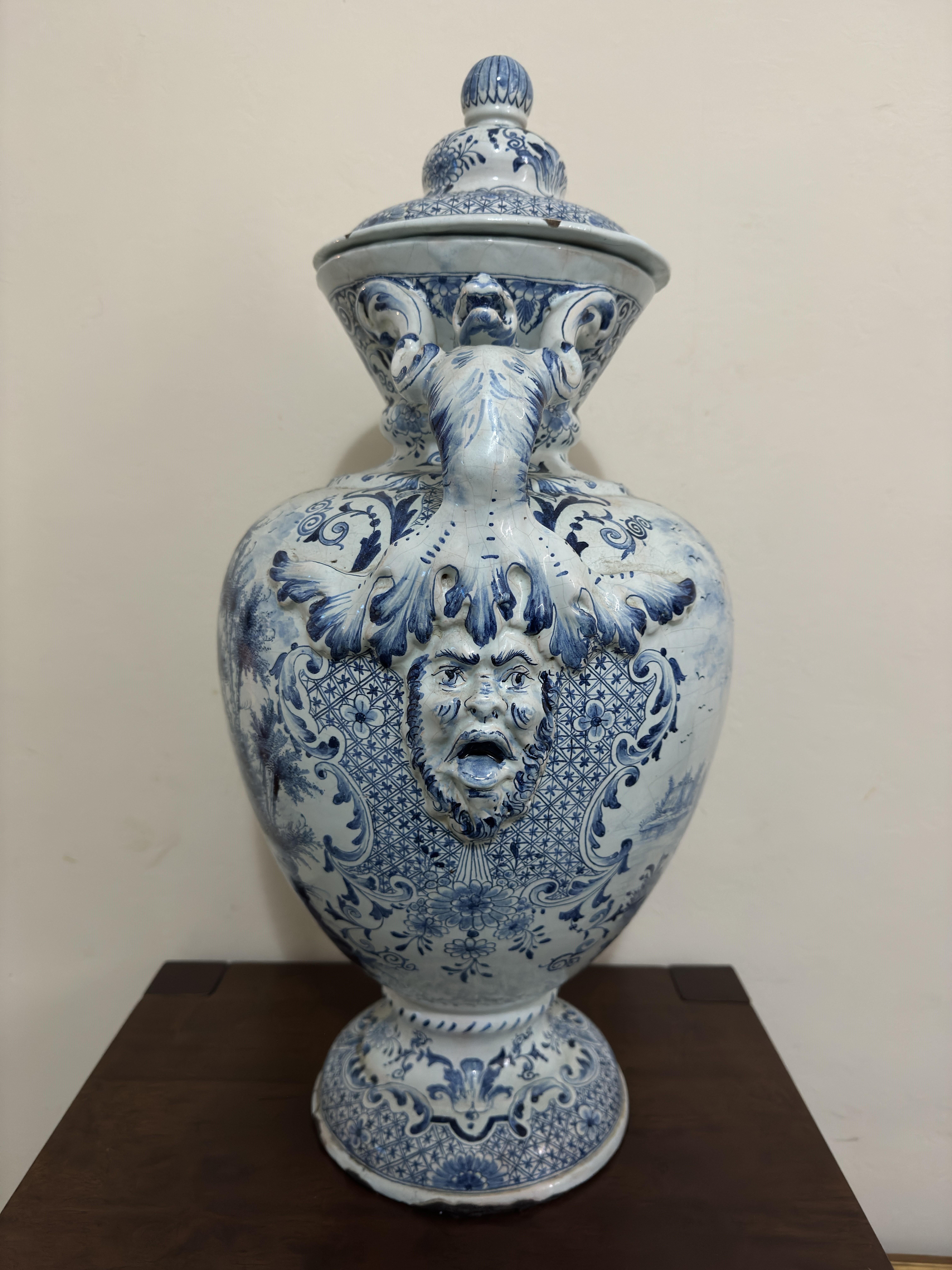 Pottery 18th Century Large Delft Urn / Vase with Handles For Sale
