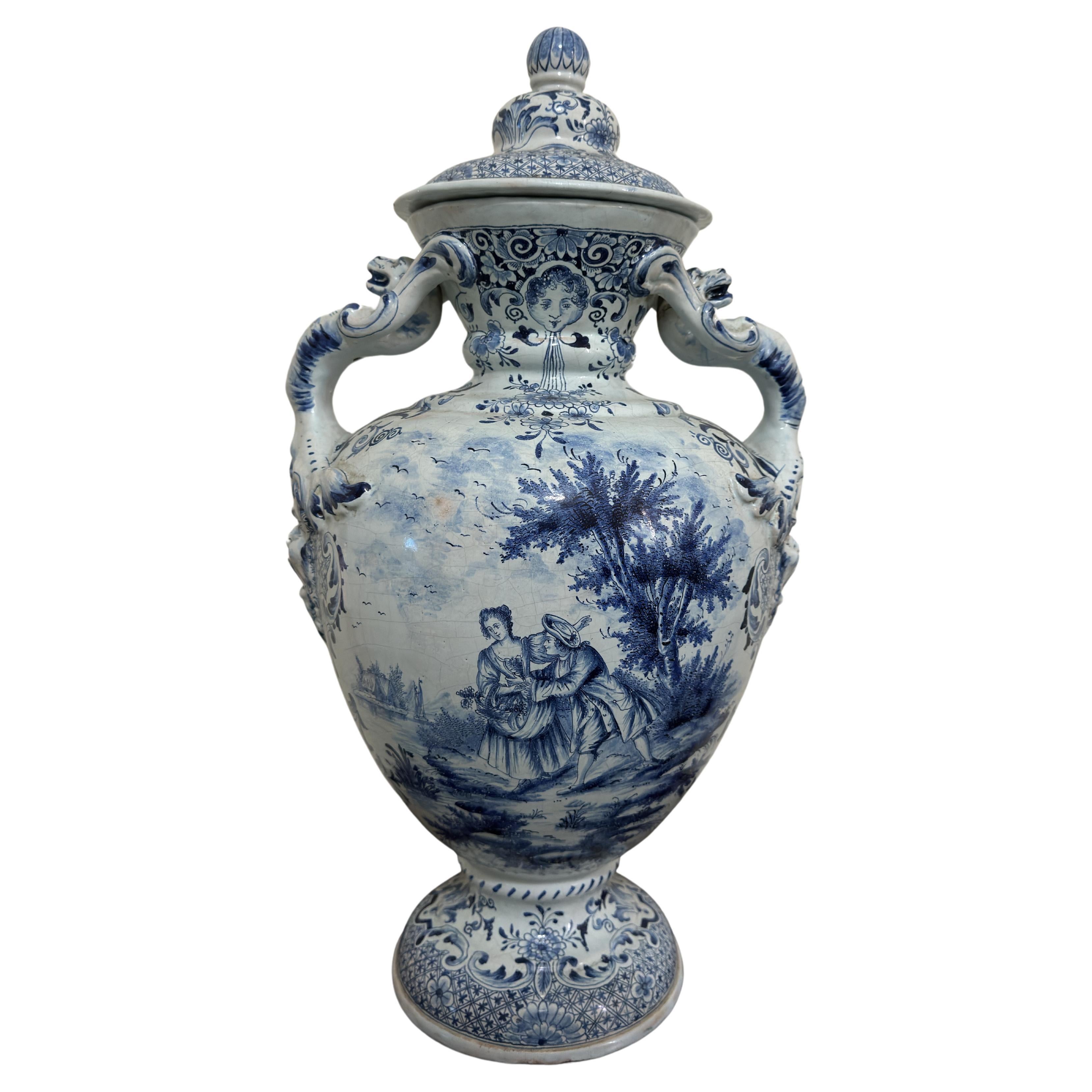 18th Century Large Delft Urn / Vase with Handles For Sale