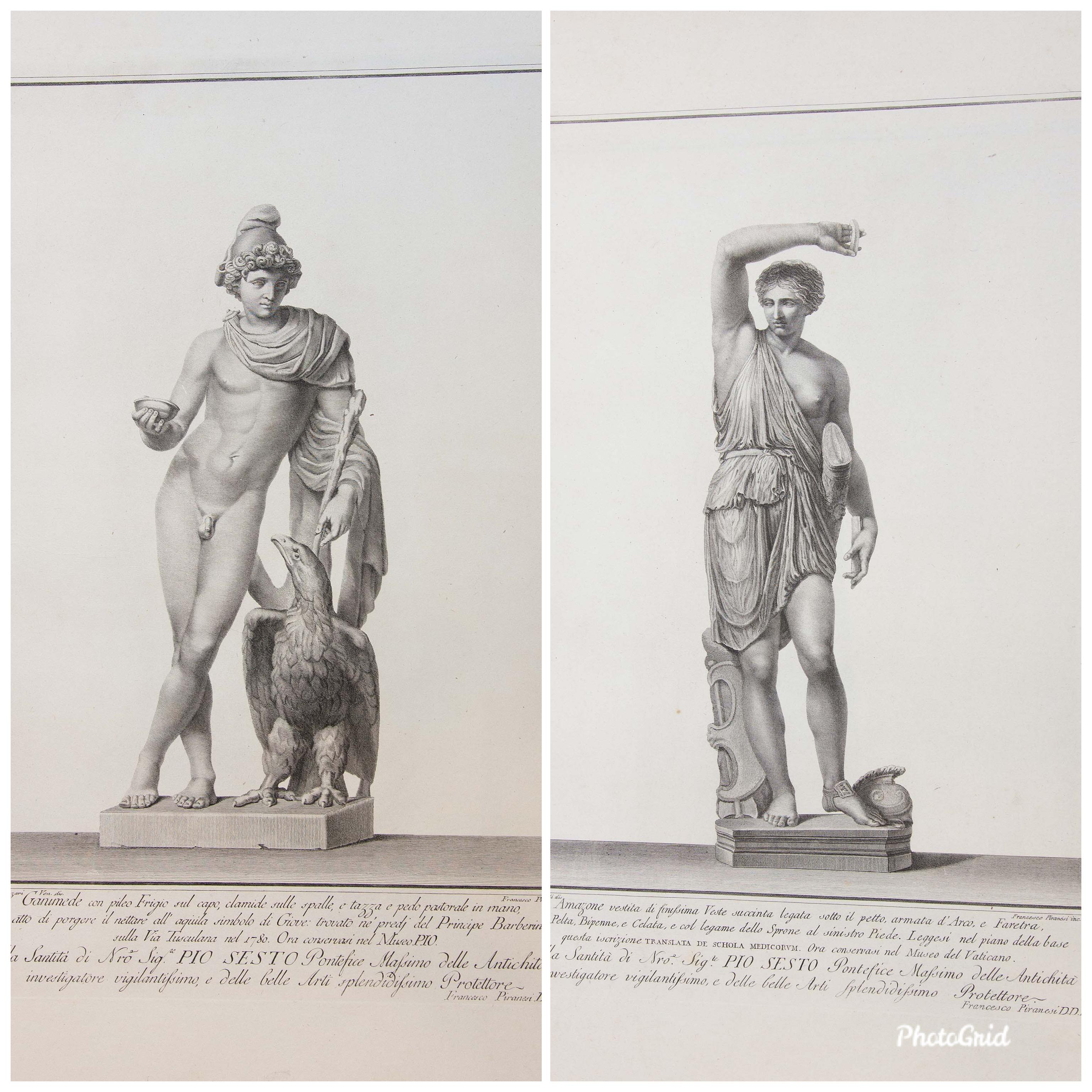 18th century grand tour collection of Francesco Piranesi engravings of Roman classical sculpture. Raccolta di Statue Antiche. Rome, Italy. Dates range from 1780-1792. 
39 Copperplate Engravings bound in an Elephant Folio on laid paper, including 4