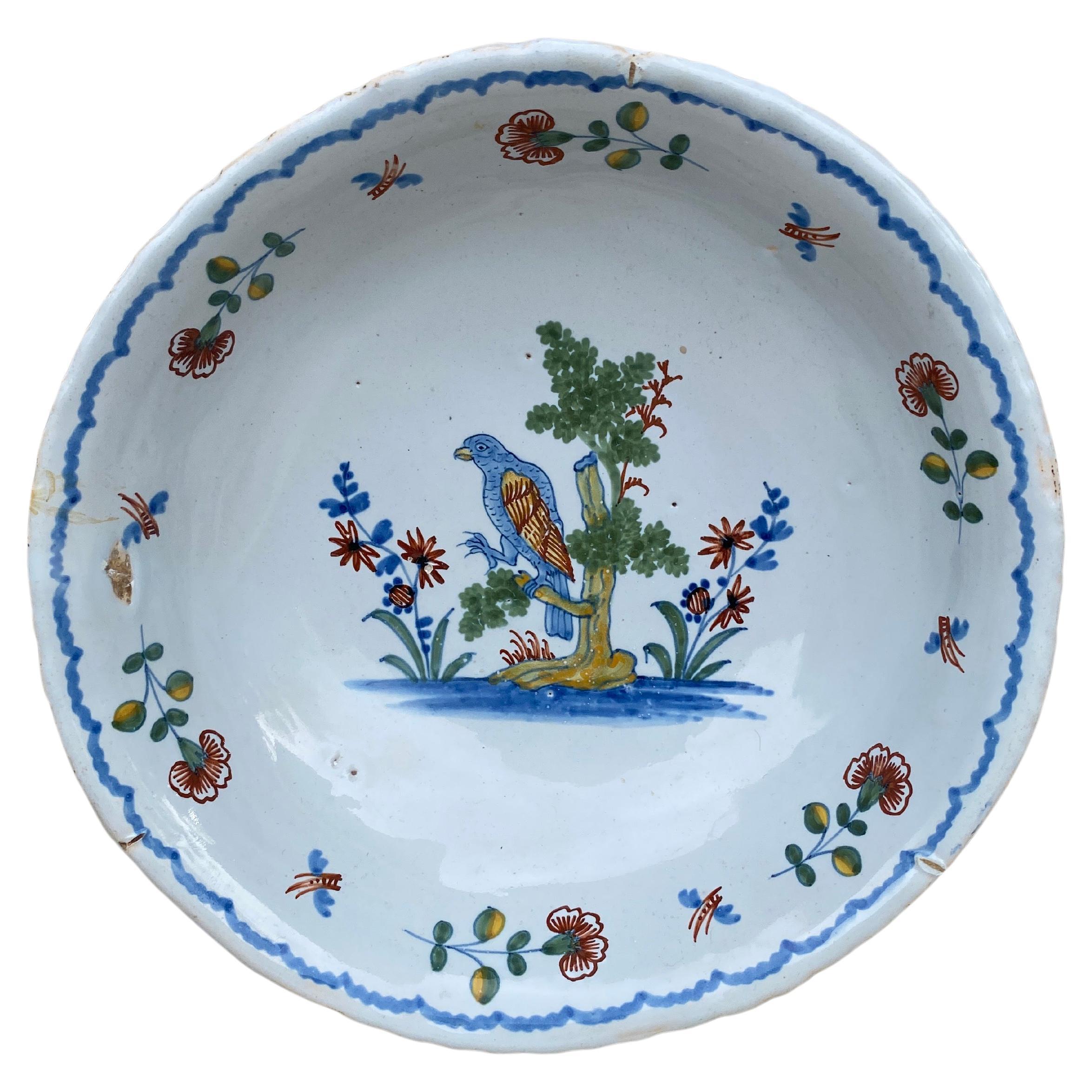 18th Century Large French Faience Parrot Bowl La Rochelle For Sale