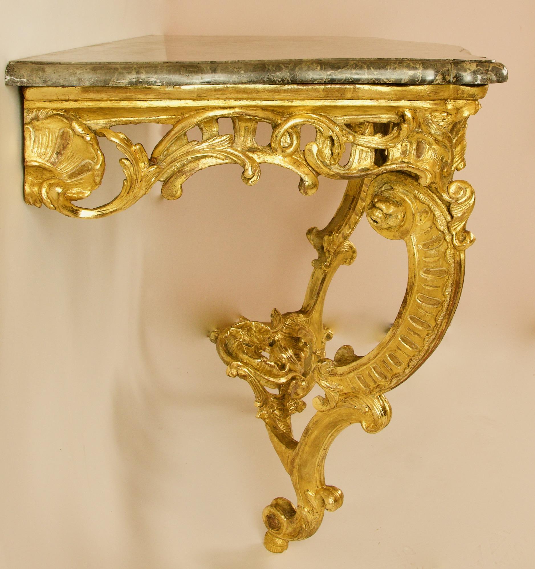 18th Century Large French Louis XV Carved Giltwood Rocaille Console Table For Sale 4