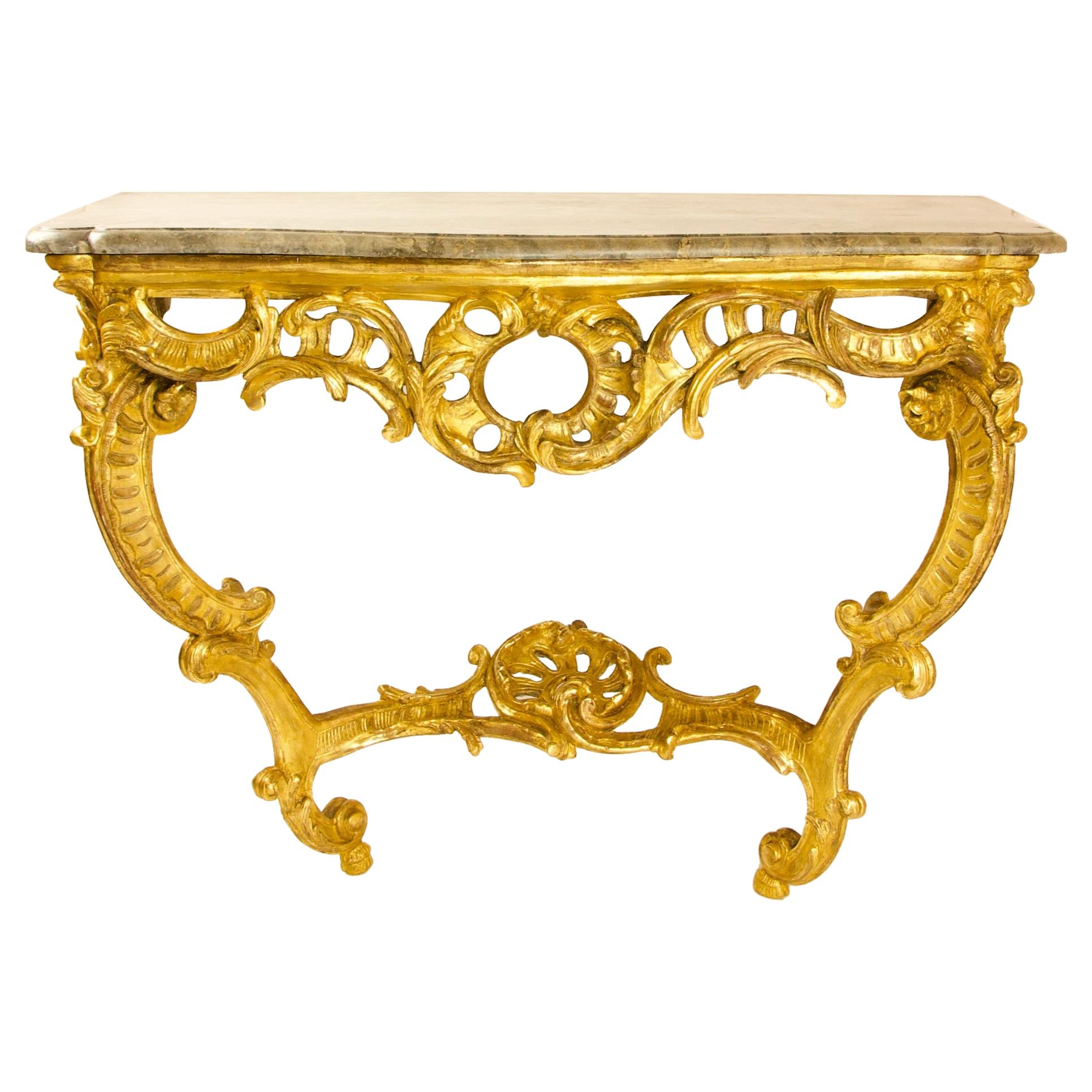 Grande table console française Louis XV du 18ème siècle en bois doré sculpté et sculpté