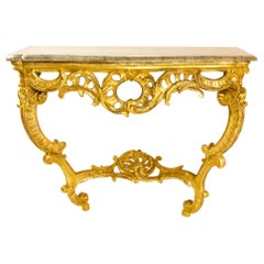 18th Century Large French Louis XV Carved Giltwood Rocaille Console Table