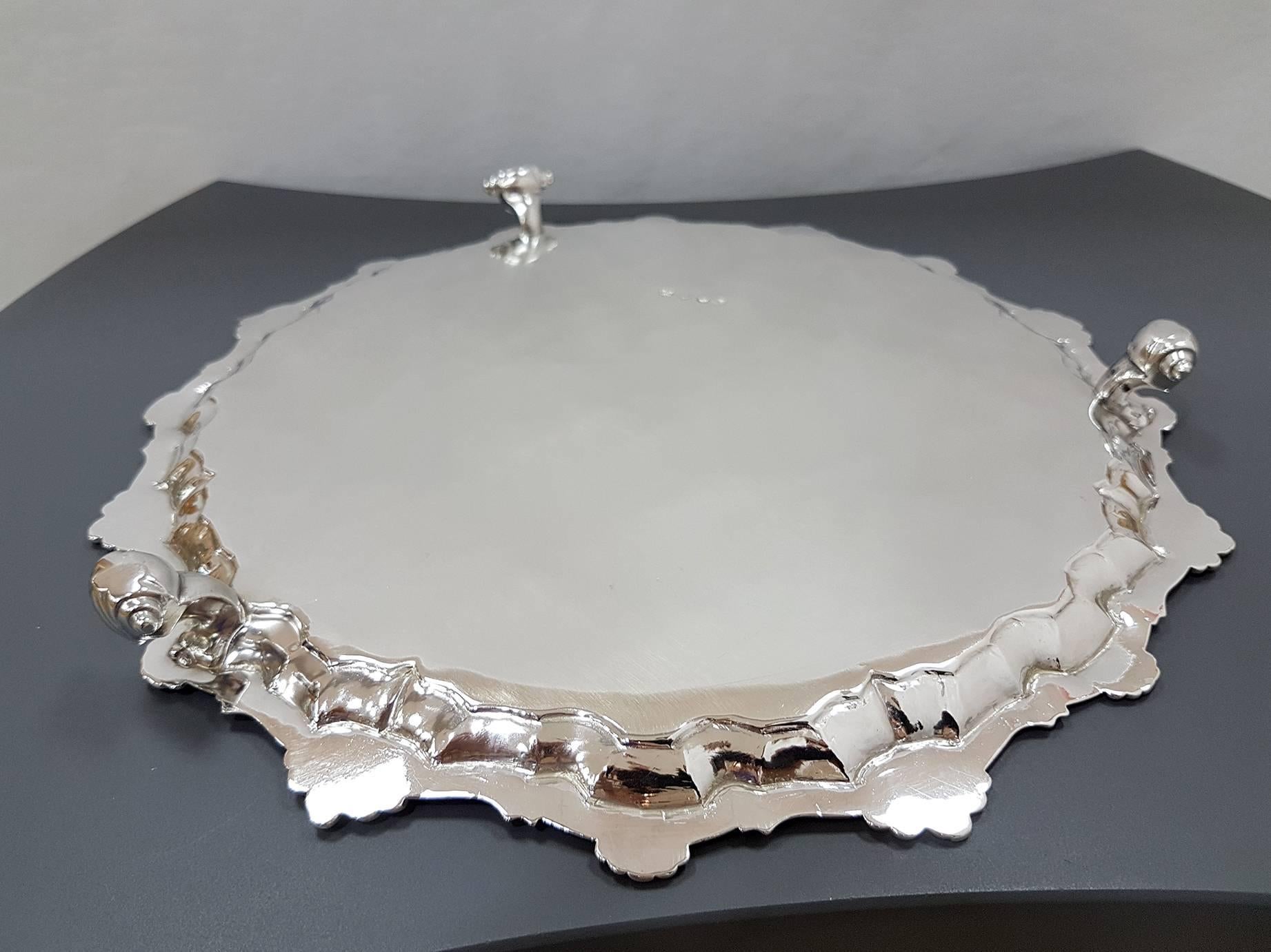 English 18th Century Large Georgian Sterling Silver Salver with Engraved Coat Arms