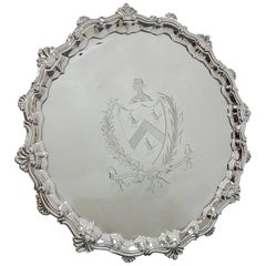 18th Century Large Georgian Sterling Silver Salver with Engraved Coat Arms