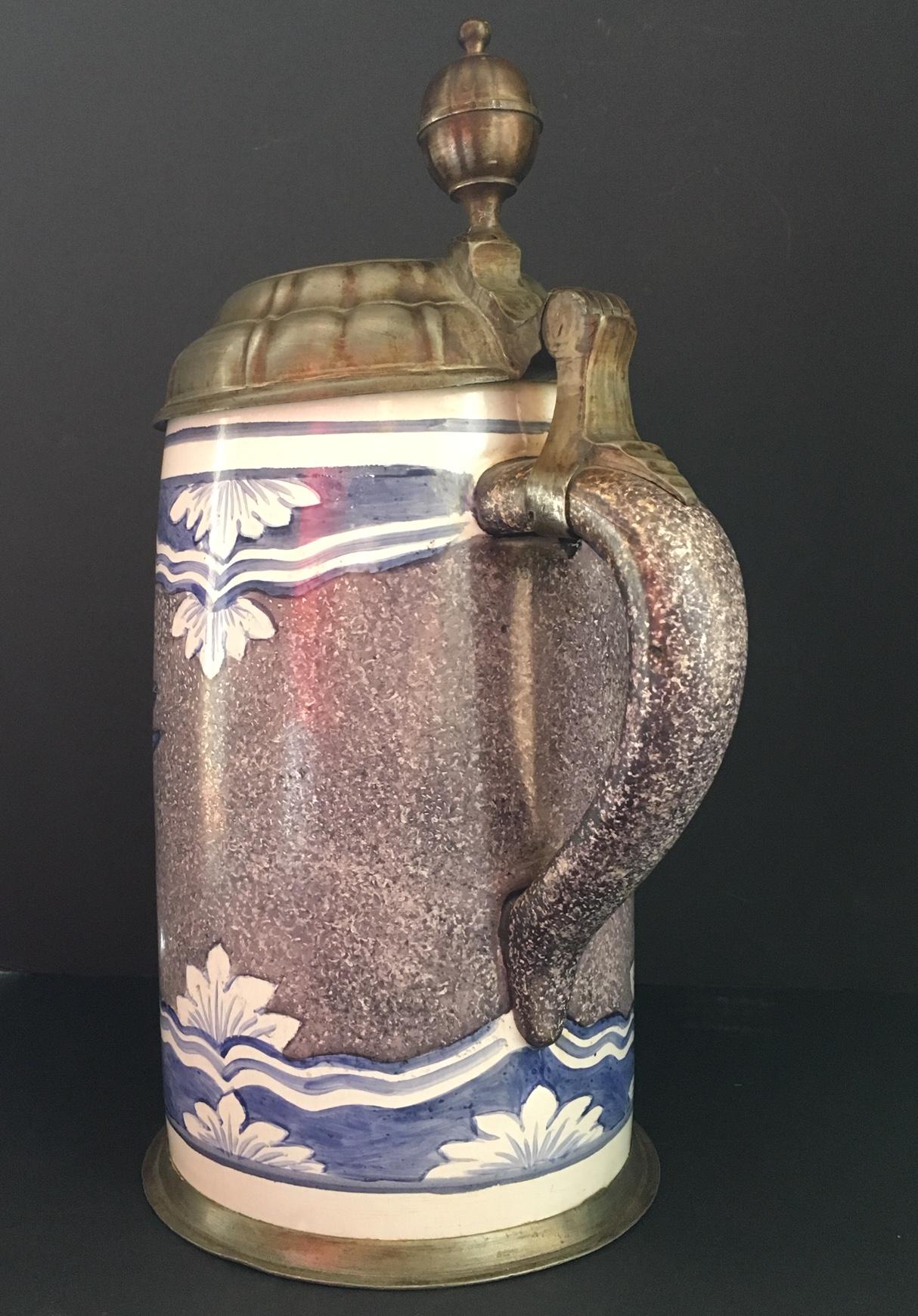 Fired 18th Century Large German Faience Tankard Pewter Mounted, 3 Liter Walzenkrug