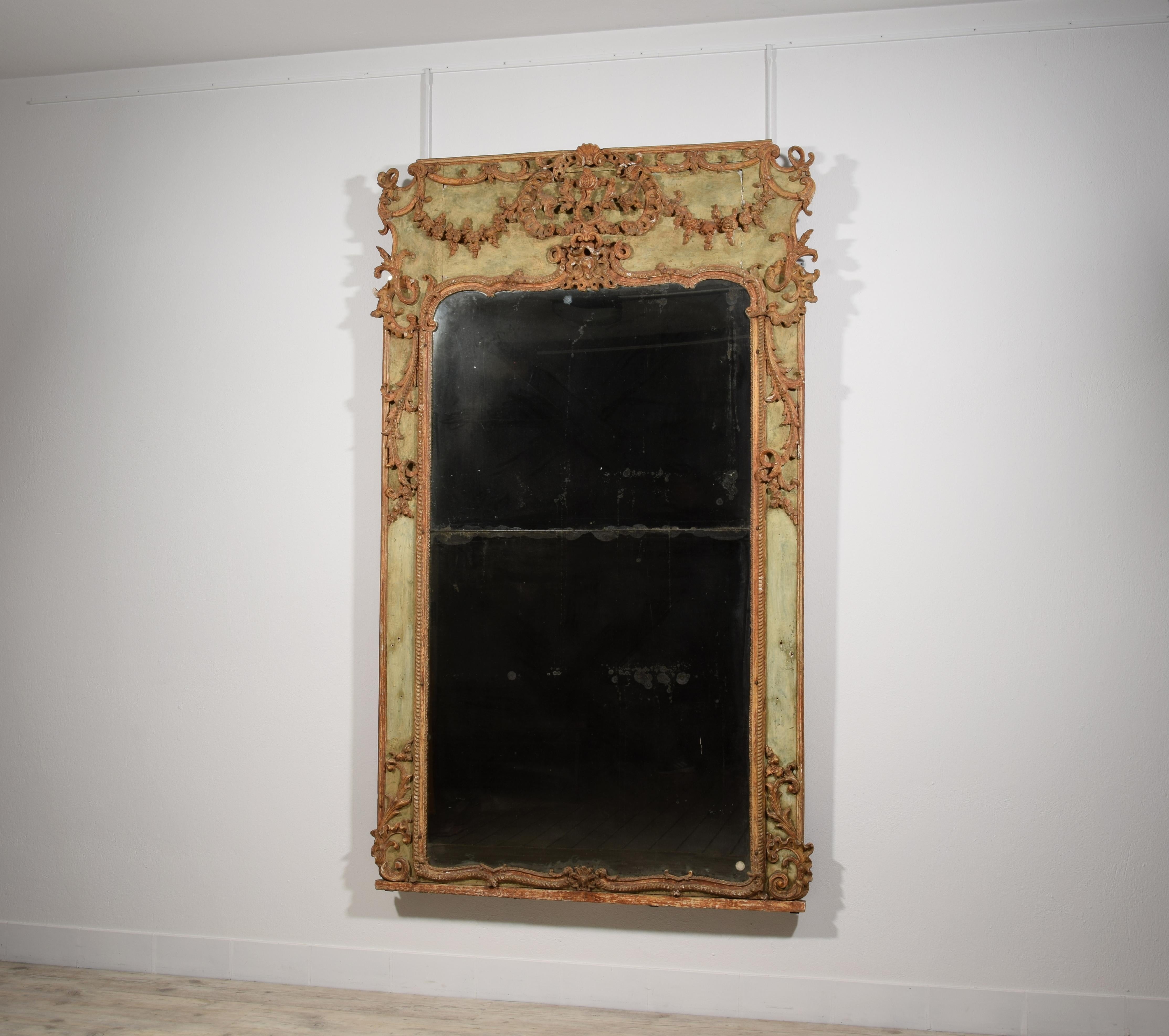 Rococo 18th Century, Large Italian Baroque Wood and Plaster Lacquered Mirror For Sale