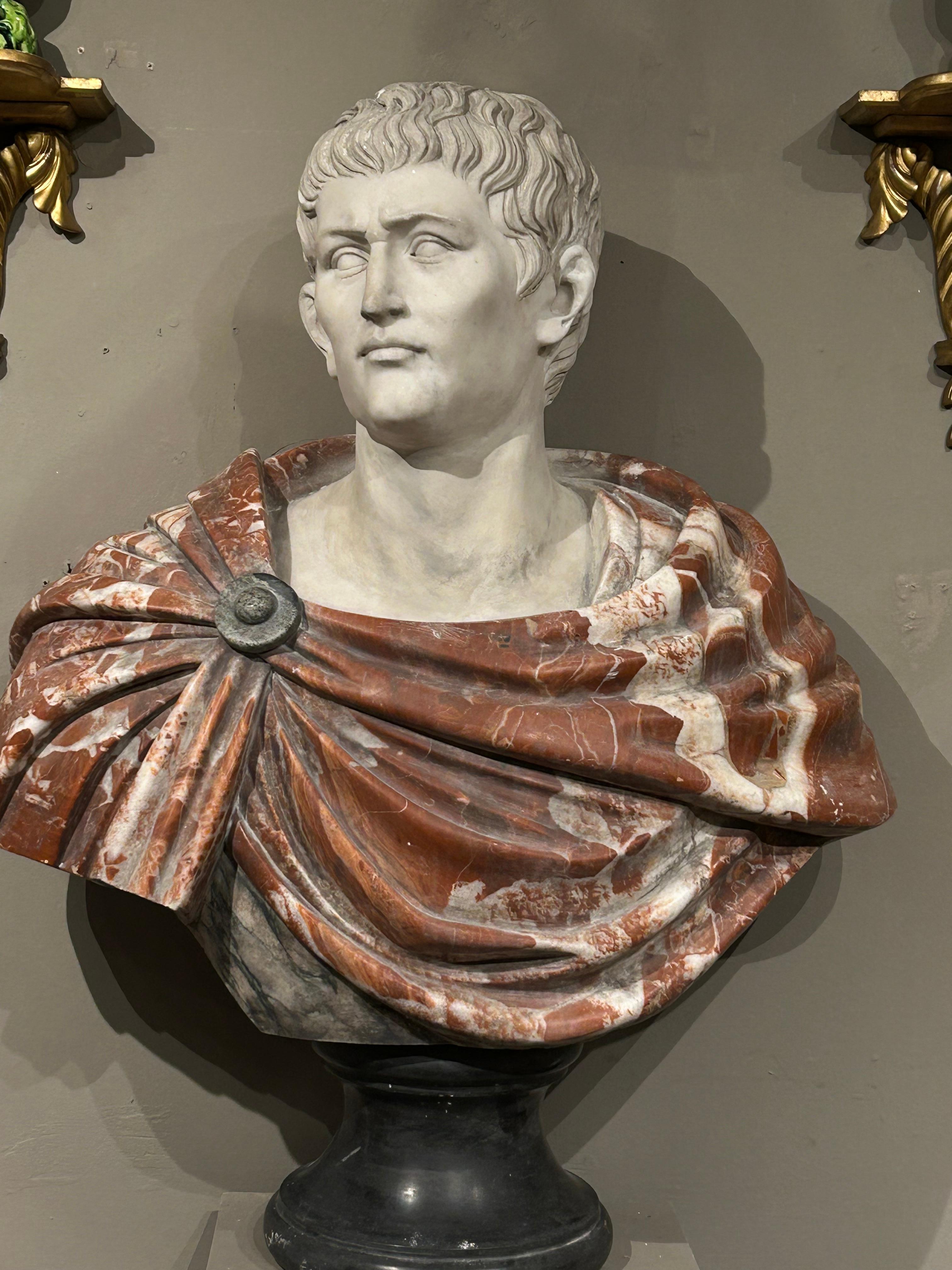 Hand-Carved 18th Century Large Italian Marble Bust of Caesar Augustus For Sale