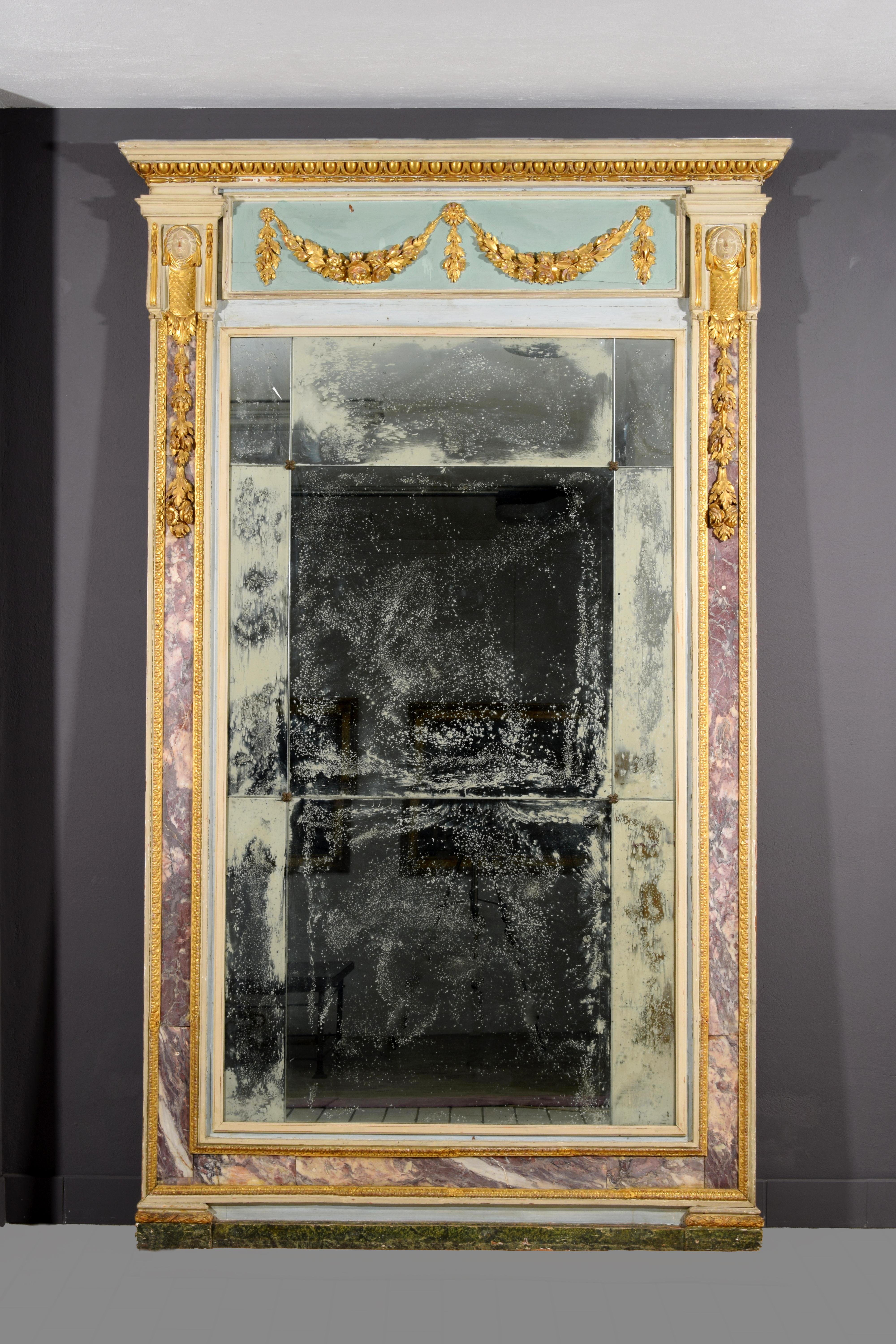 18th Century, Large Italian Neoclassical Lacquered Wood and Marble Mirror

This large mirror was built in the Genoese area (Italy) in the neoclassical period, in the second half of the 18th century.
The rectangular and linear frame is in carved,