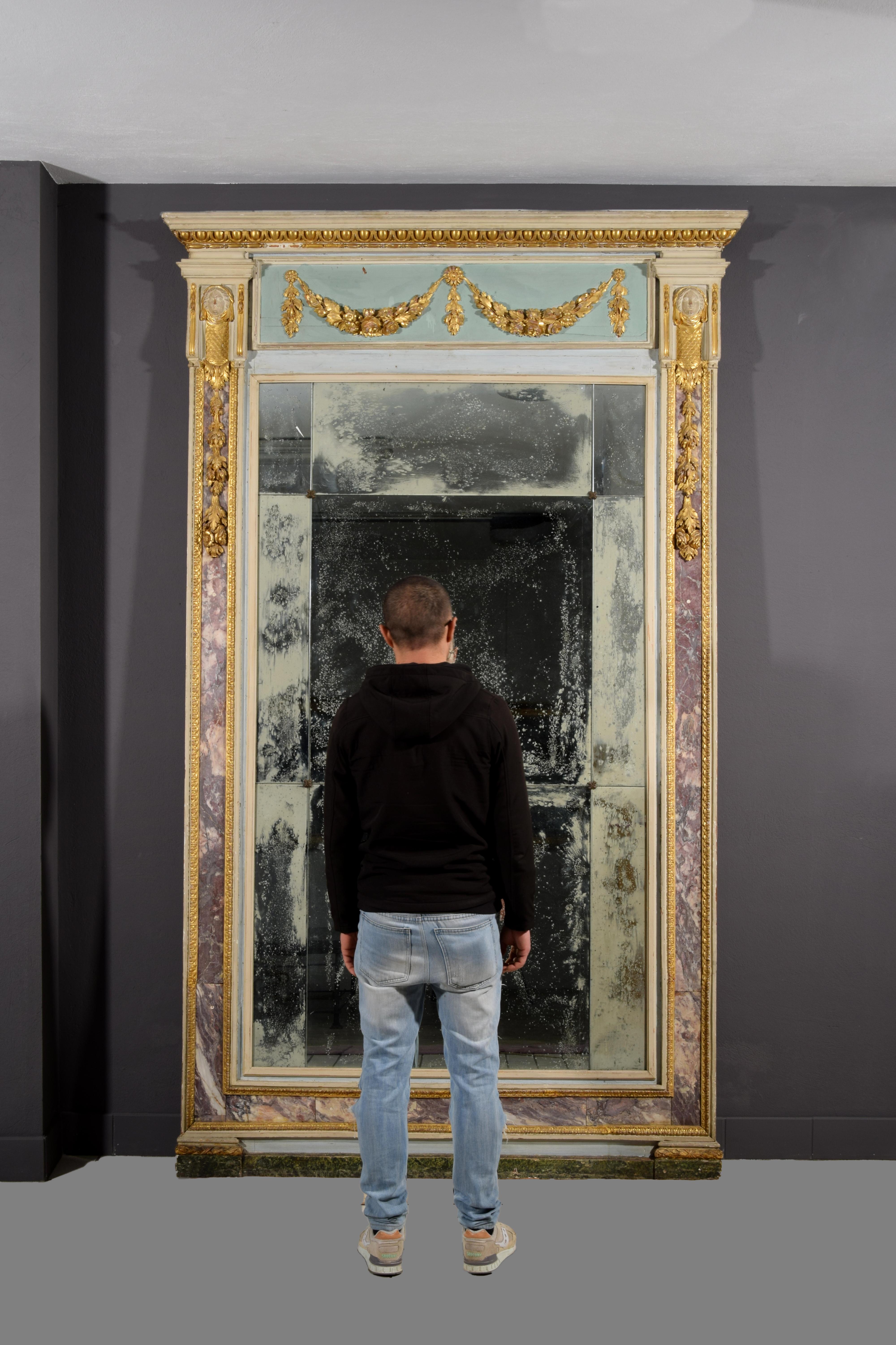 Hand-Painted 18th Century, Large Italian Neoclassical Lacquered Wood and Marble Mirror
