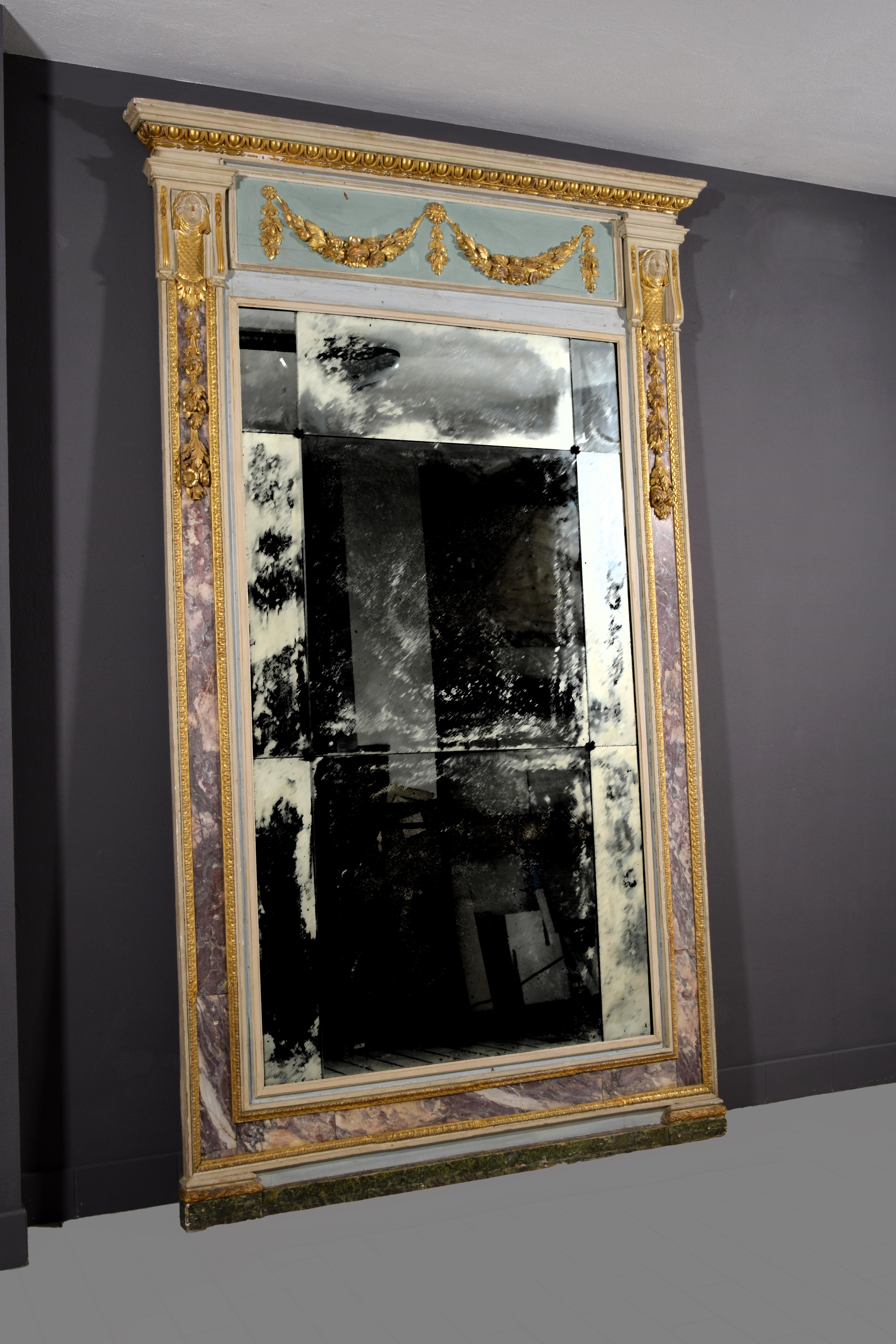 18th Century, Large Italian Neoclassical Lacquered Wood and Marble Mirror 1