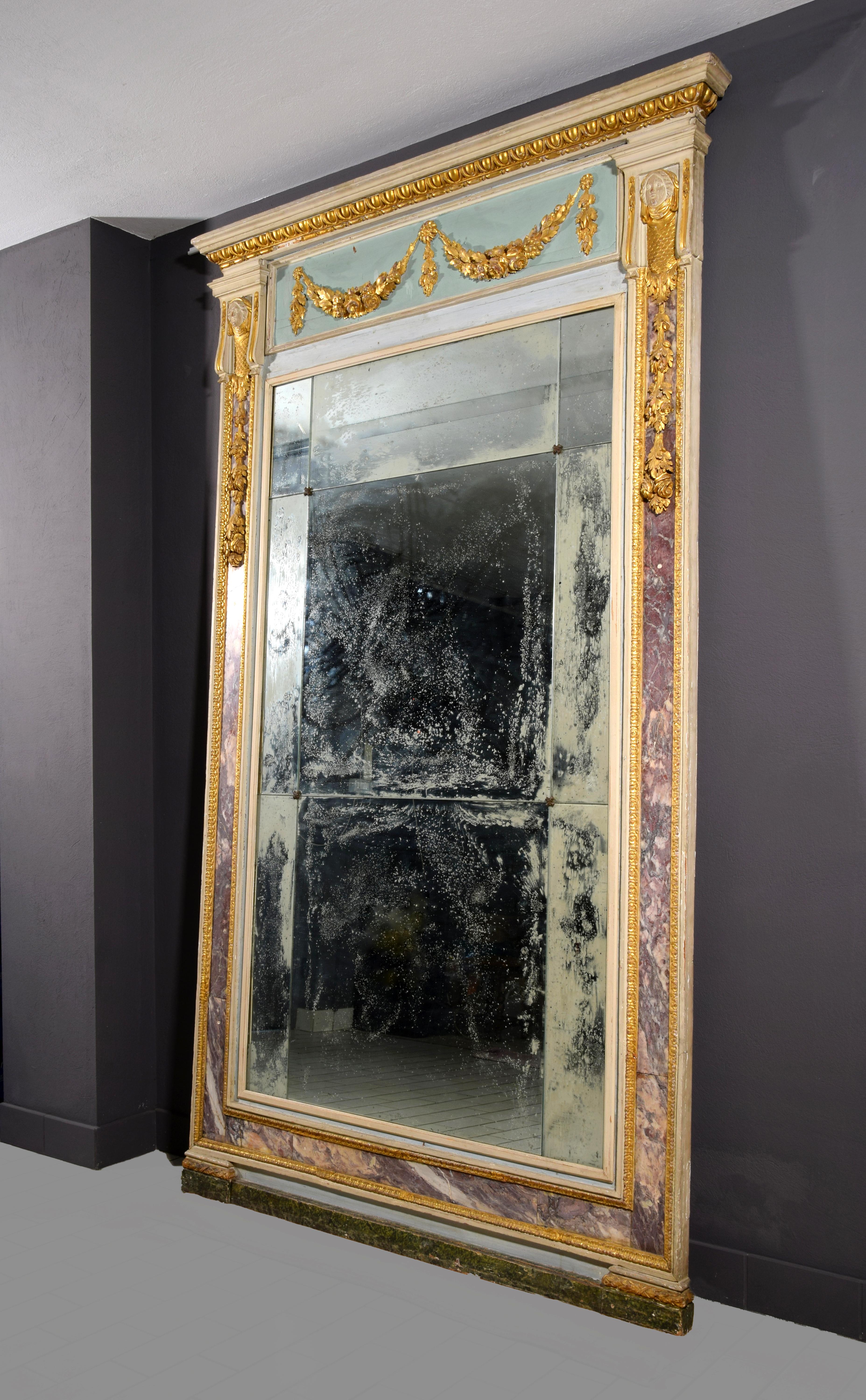 18th Century, Large Italian Neoclassical Lacquered Wood and Marble Mirror 2
