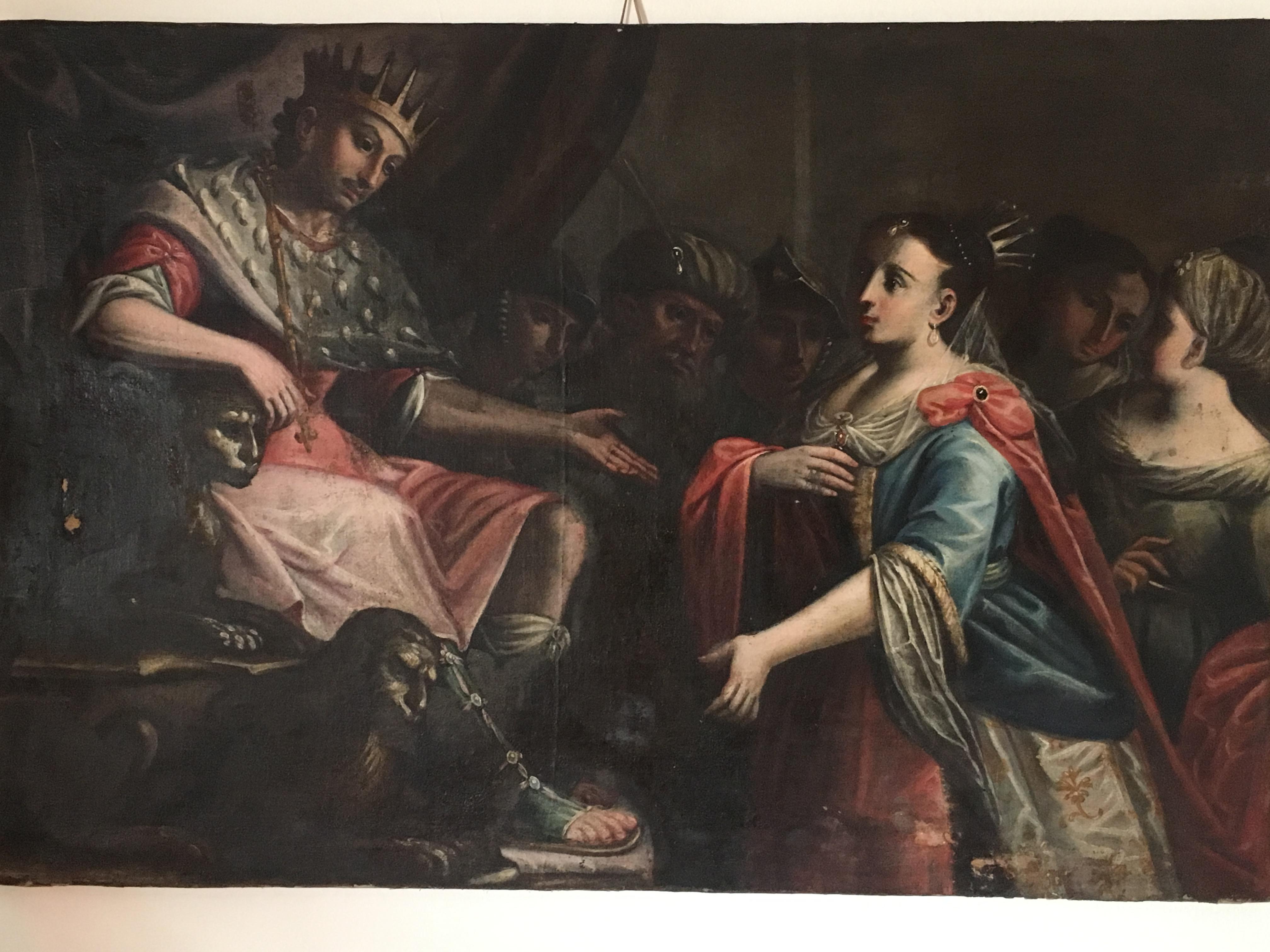 Hand-Painted Esther before Ahasuerus 18th Century Large Italian School Painting with Figures