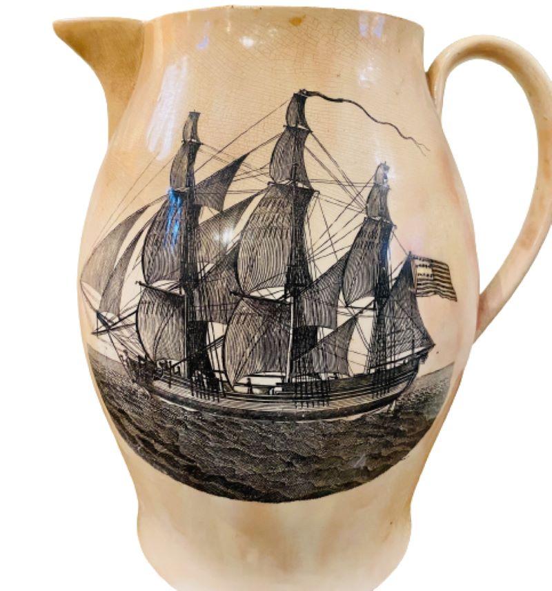 Late 18th Century Large Liverpool Cream Ware Jug Made for the American Market, circa 1780s, an extremely large soft paste pottery pitcher made by the English Liverpool potteries for export to the newly independent United States of America, where the