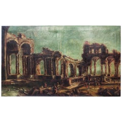 18th Century Large Oil on Canvas Ruins Restored