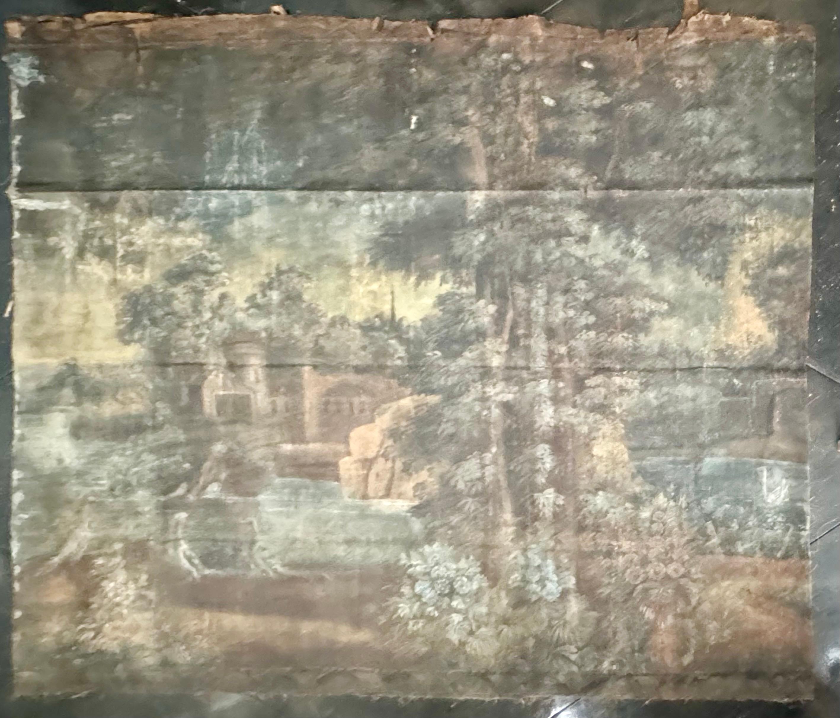 Questa rara tela di grandi dimensioni non incorniciata della metà del XVIII secolo ritrae l'immagine di un'idilliaca scena pastorale nella Francia meridionale. 
Un gruppo di aironi e cigni in lontananza, un castello e gli edifici circostanti.
Tela