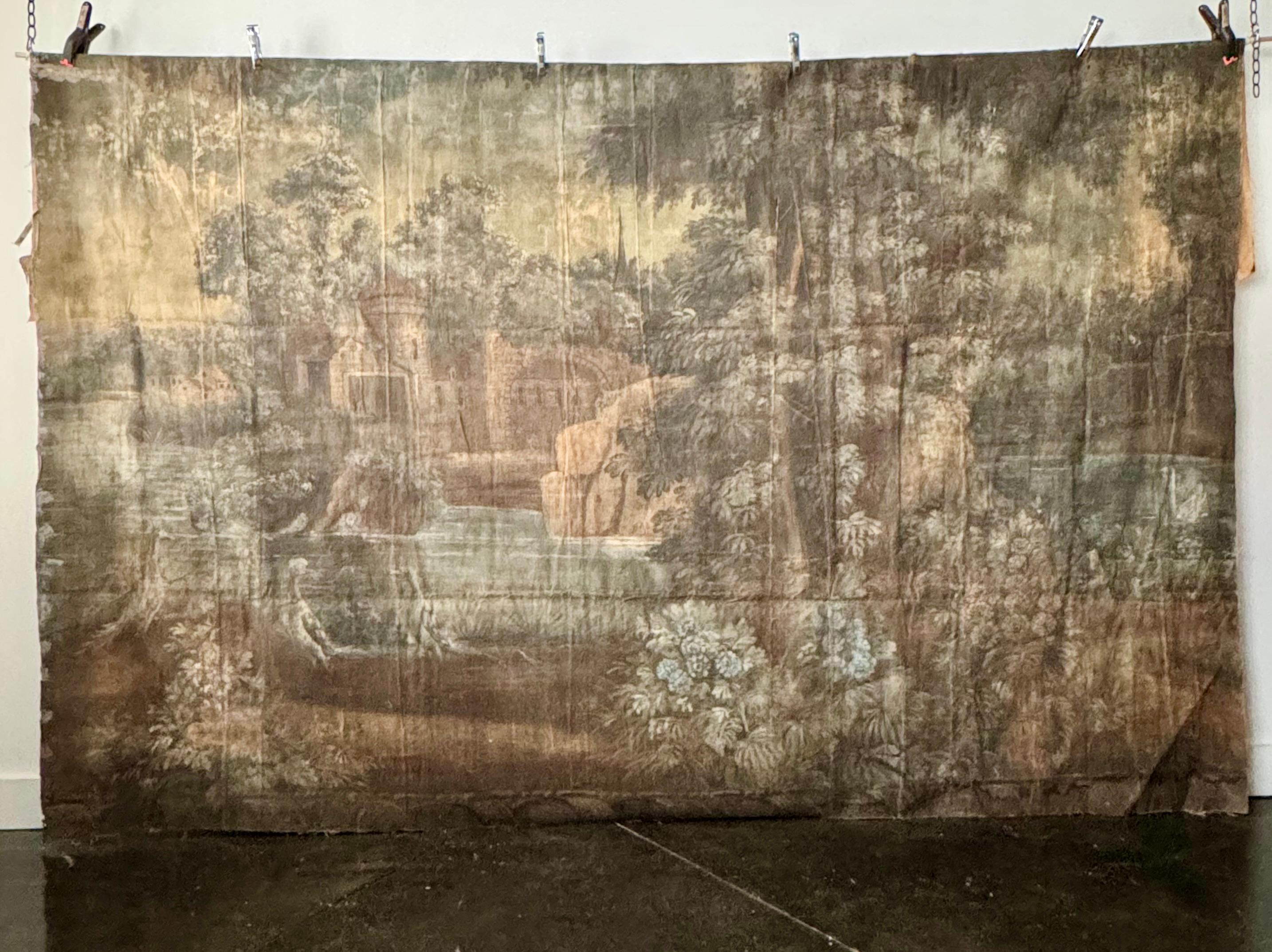Tela originale dipinta di grandi dimensioni del 18° secolo, raffigurante un lato della campagna francese In condizioni buone in vendita a Charleston, SC