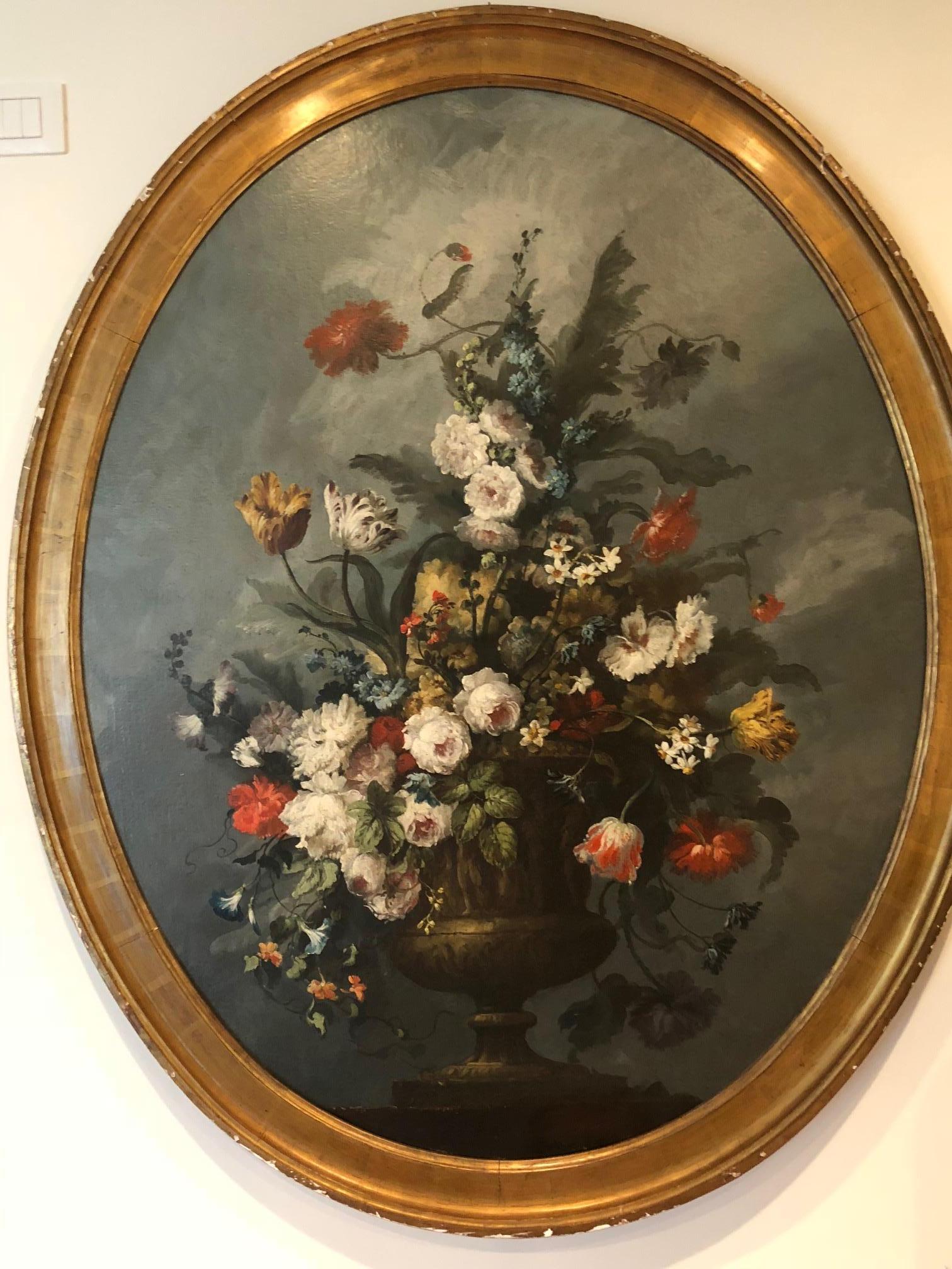 Louis XV 18th Century Large Oval Painting with Flowers