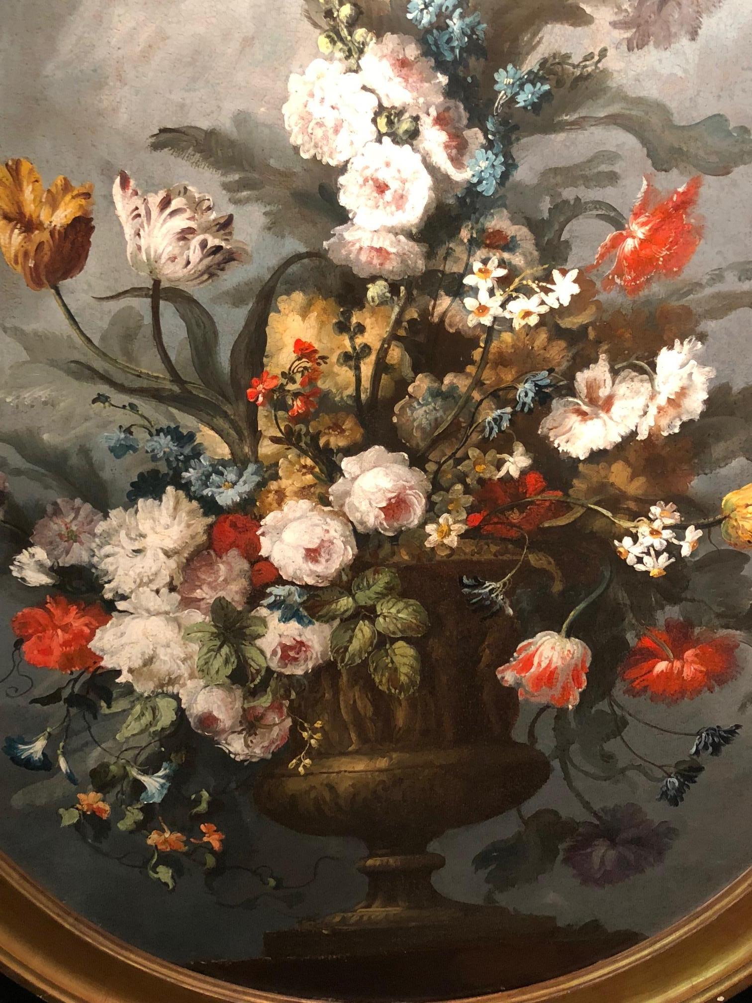 Italian 18th Century Large Oval Painting with Flowers