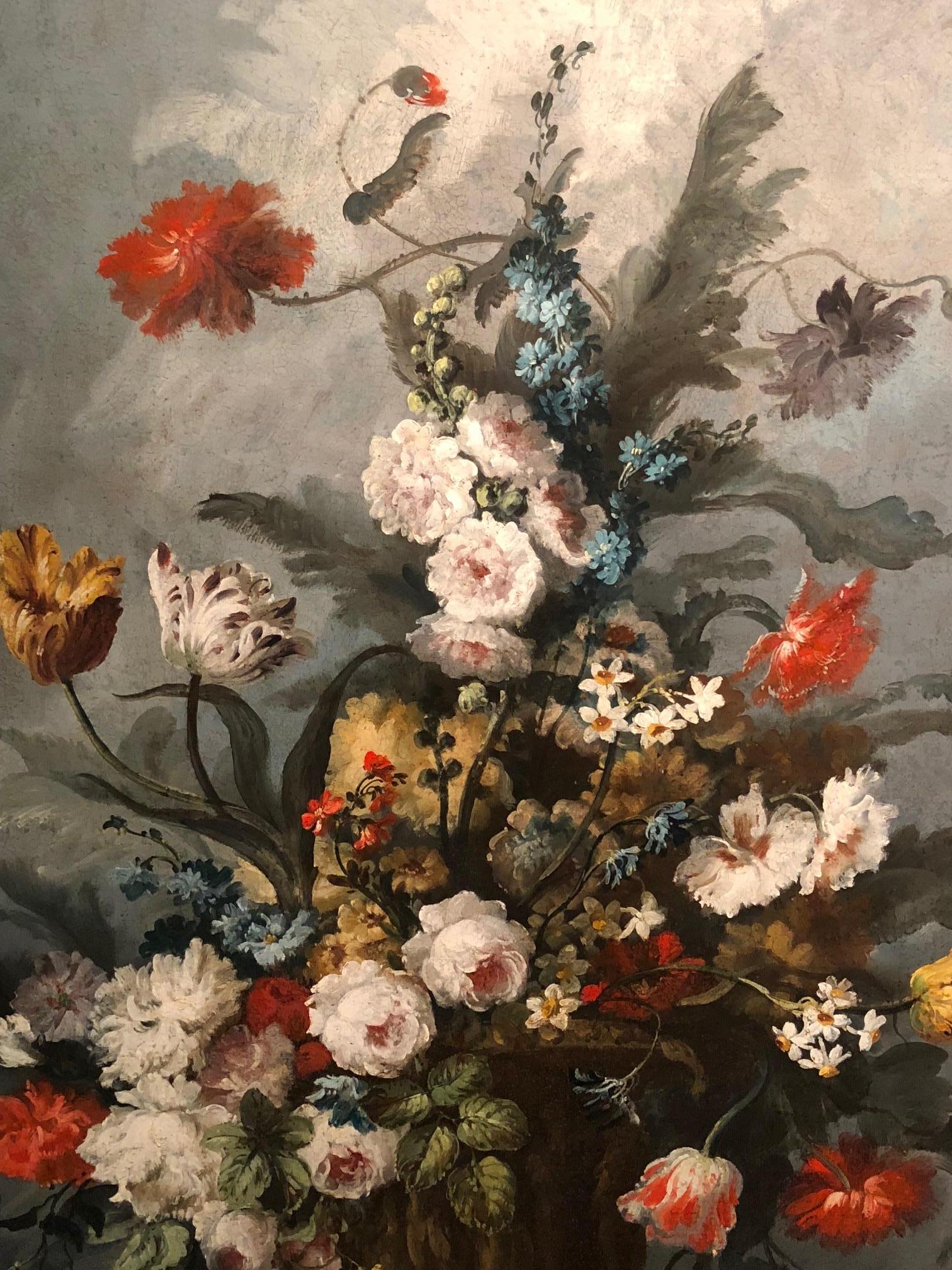 Painted 18th Century Large Oval Painting with Flowers