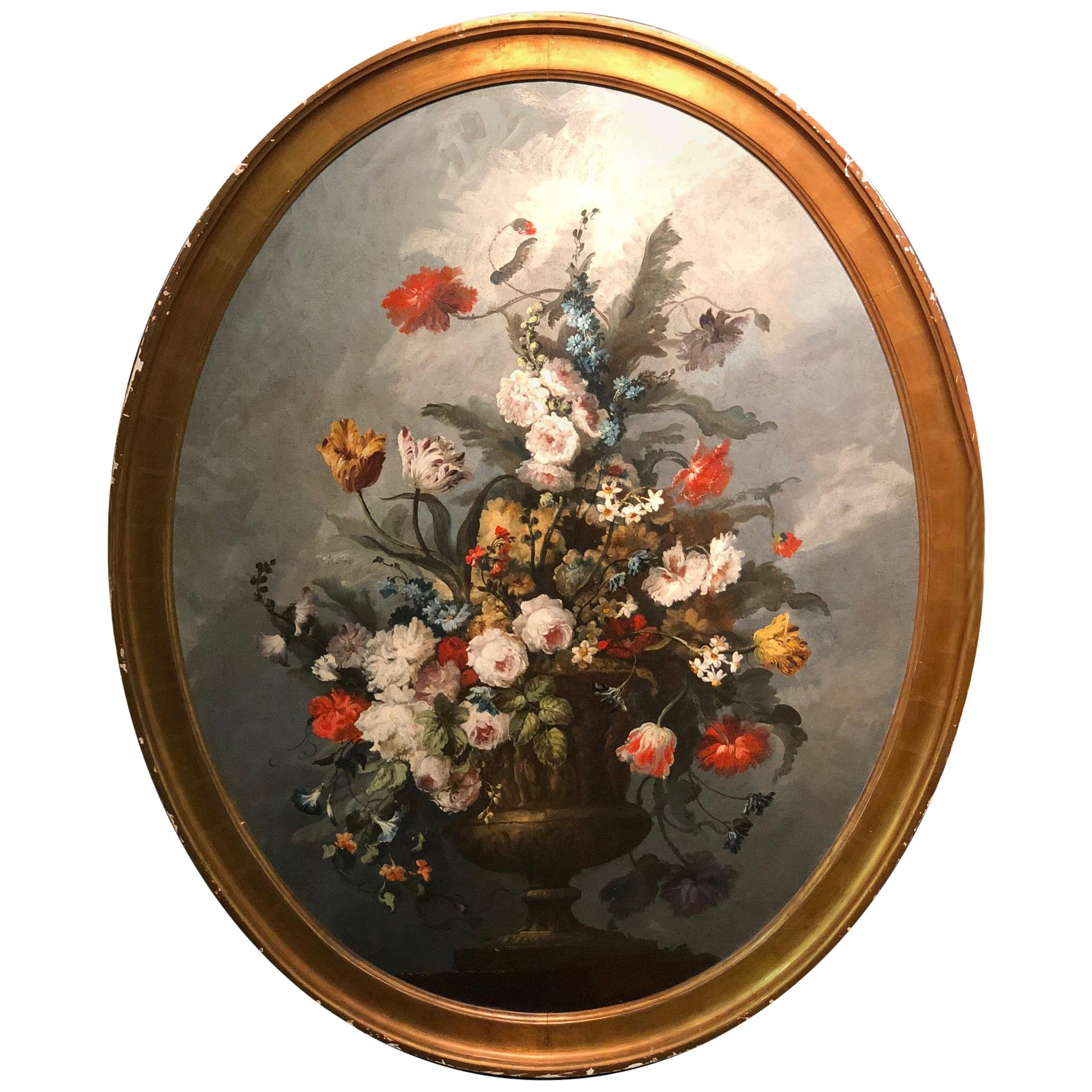 18th Century Large Oval Painting with Flowers